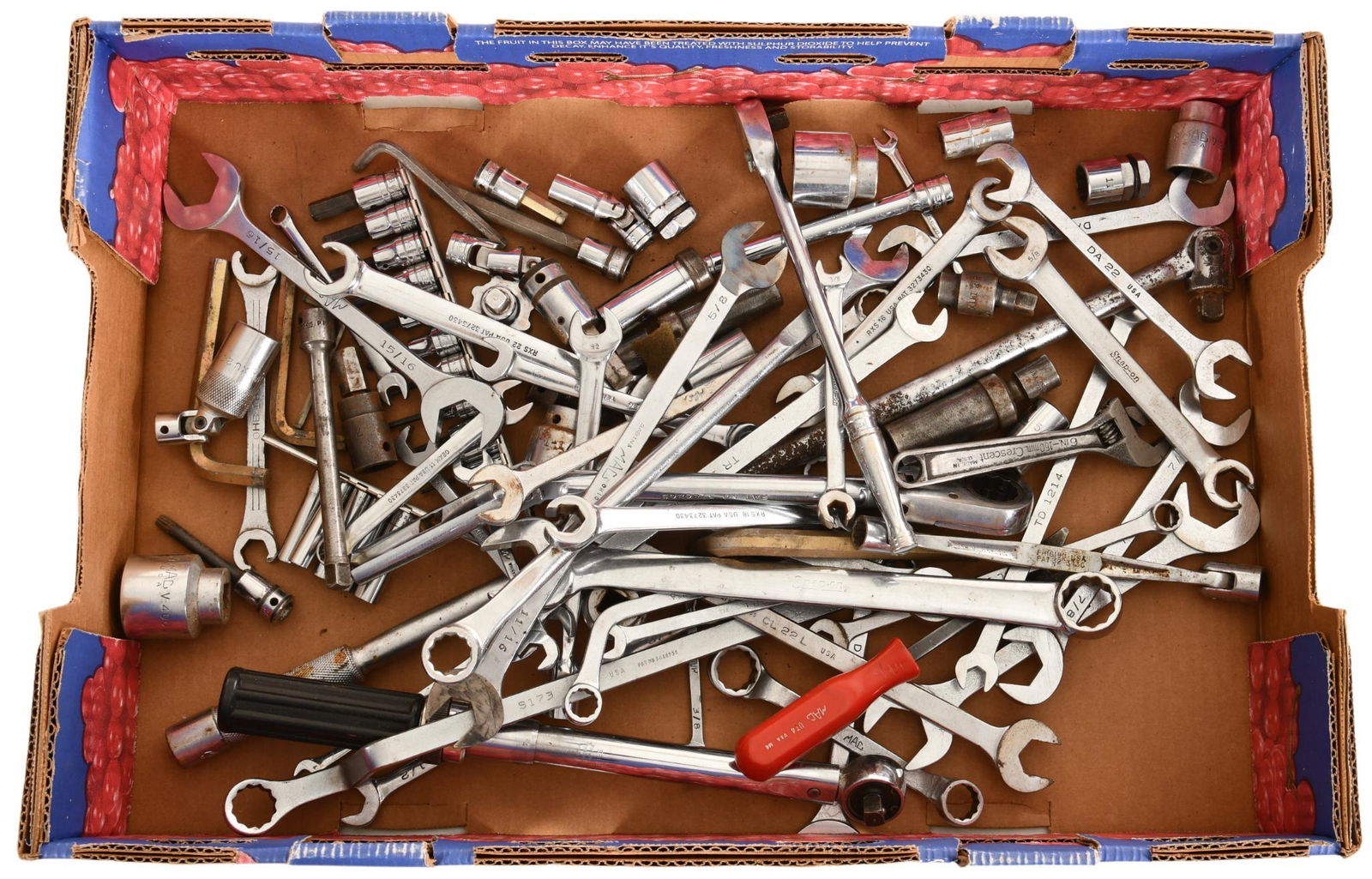 Large Box Lot of Hand Tools: Some Mac and some Snap On, wrenches, a few sockets, etc