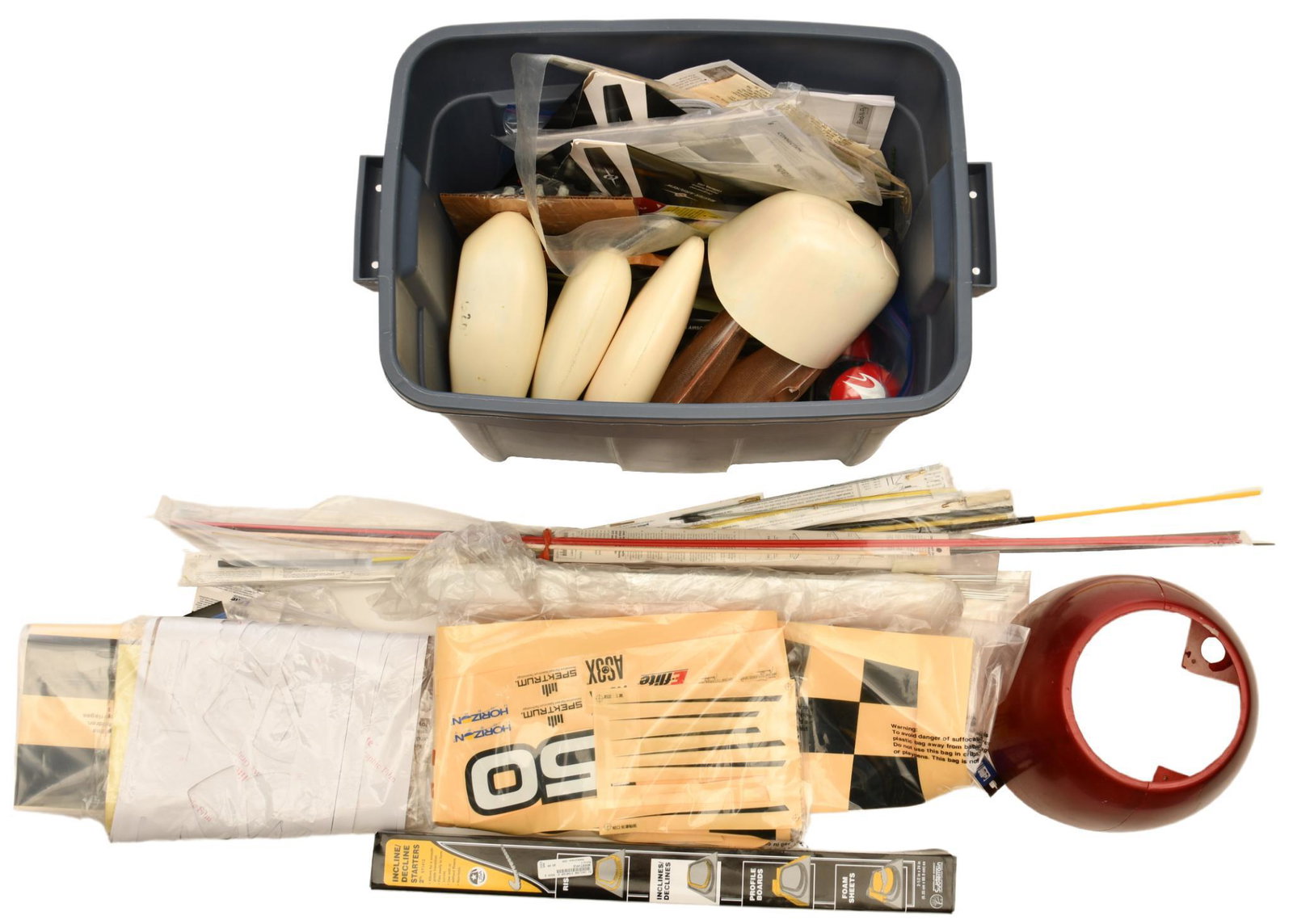 Large Lot of R/C Airplane Parts: Includes propellers, linkages, push rods, decals, nose cone, cosmetic parts, etc., all show wear but appear to be in good to very good condition