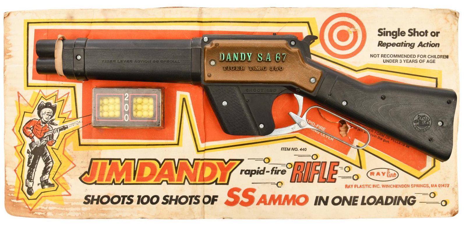 NOS Ray Line Jim Dandy Rapid Fire Rifle: Still attached to original packaging, includes 200 rounds of ss ammo, marked Dandy SA 67 Tiger T.M.G. 350 on rifle, rifle shows light wear but is in very good to excellent condition, cardboard backing