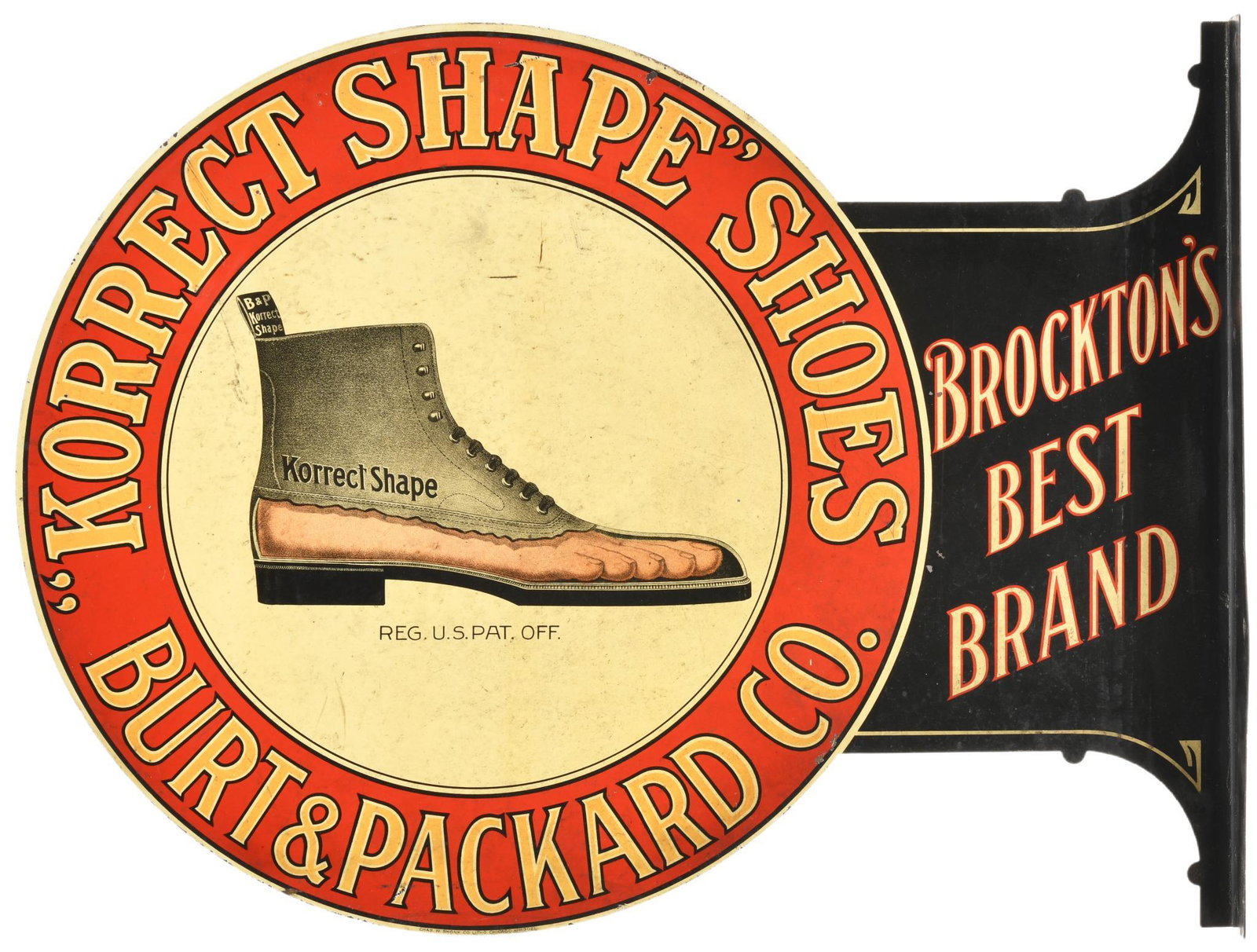 Burt & Packard Co. Shoes Flange Sign: DSTF, has average color and gloss, shows wear, discoloration, and paint loss throughout, displays well with the great graphic, marked Chas. W. Shonk Co., 13.5"x18", rated 7.75