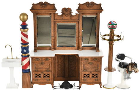 Fred Chrissman Barber Shop Set: 6-piece quarter scale barber shop set which include a sink, barber pole, coat rack, child's barber chair, and back bar, all pieces are signed and the back bar is dated 2011, they display