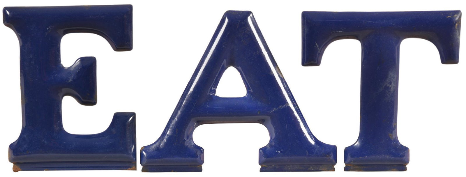 Eat Porcelain Letters: SSP, have average color and gloss, show some wear, discoloration, minor chipping, and some small bends on the flanges, display well, 8.75" tall, rated 8.25+