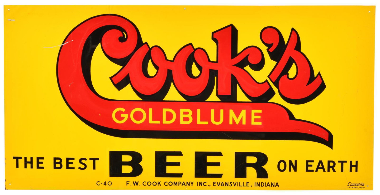 Cook's Goldblume Beer Sign: SSTE, has very good color and gloss, shows light wear, minor paint loss, and a few small nail holes, displays very well, 14"x28", rated 8.75