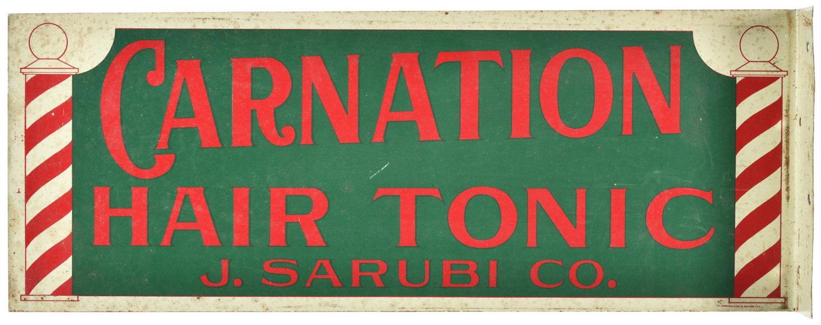 Carnation Hair Tonic Flange Sign: DSTF, has average color and gloss, shows wear, discoloration, and paint loss throughout, 7"x18.25", rated 7.75