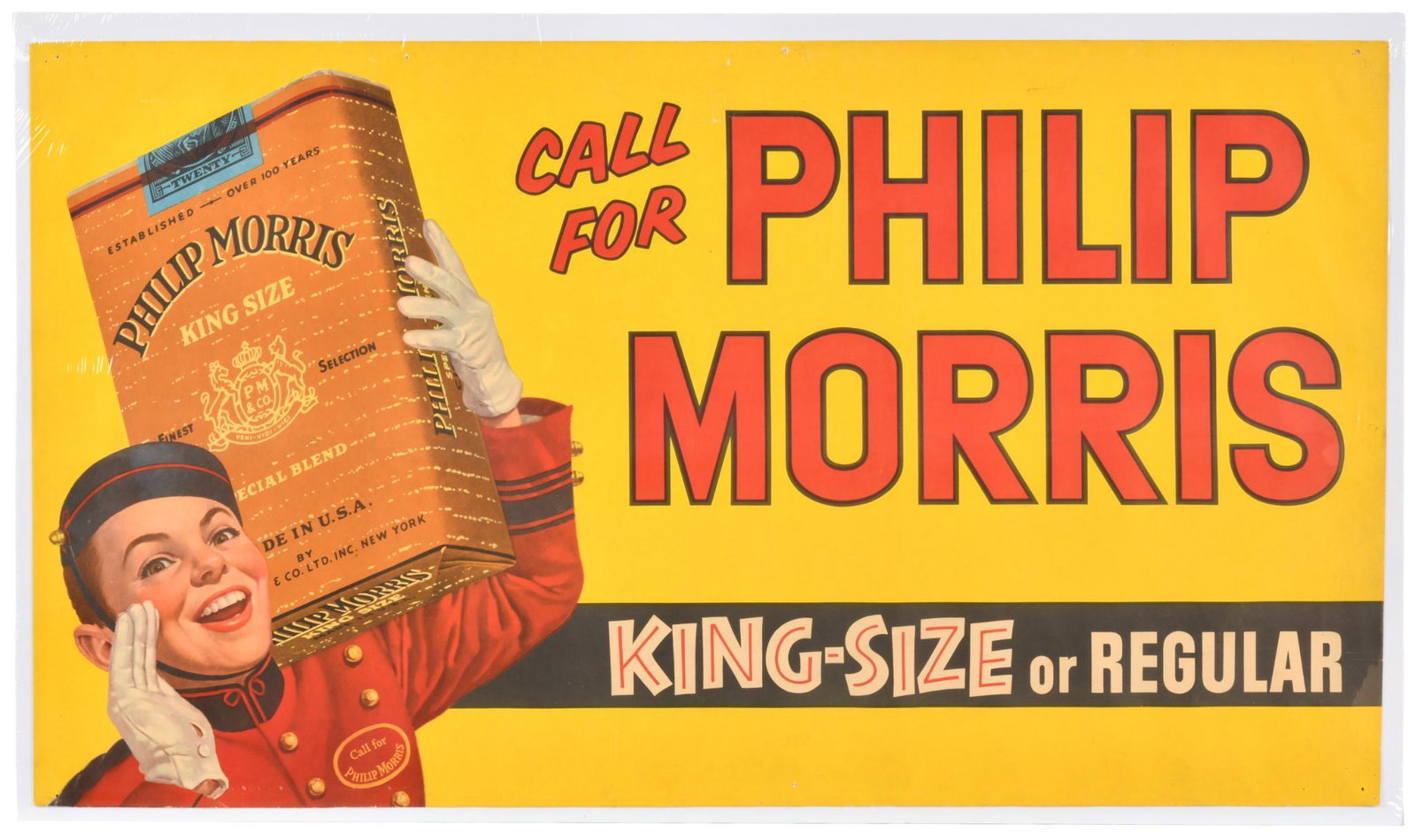 Call for Philip Morris Banner Advertisement: Appears to be oil cloth, has very good color, shows wear, discoloration, minor paint loss on the bottom edge, and some added nail holes, displays very well mounted to foam board, 24.5"x42" on the foam