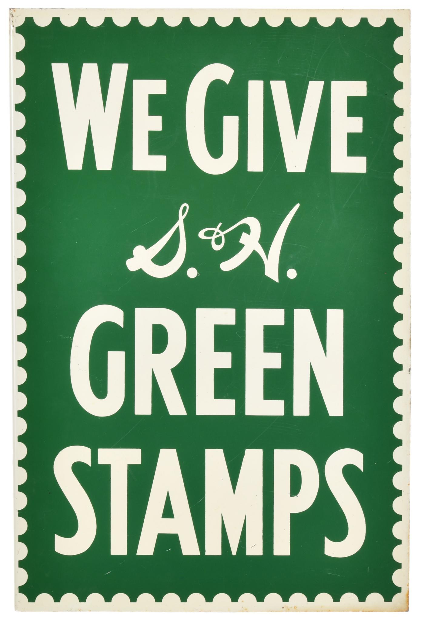 We Give S&H Green Stamps Flange Sign: DSTF, has above average-average color and gloss, shows some wear, discoloration, and minor paint loss, displays well, 17.75"x11.75", rated 8.25 & 8