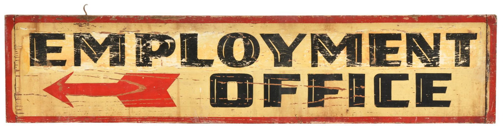 Employment Office Directional Sign: DS wood, has average color, shows wear, discoloration, and paint loss throughout, marked Art Roberts, 8"x36.25", rated 7.5 & 7.25