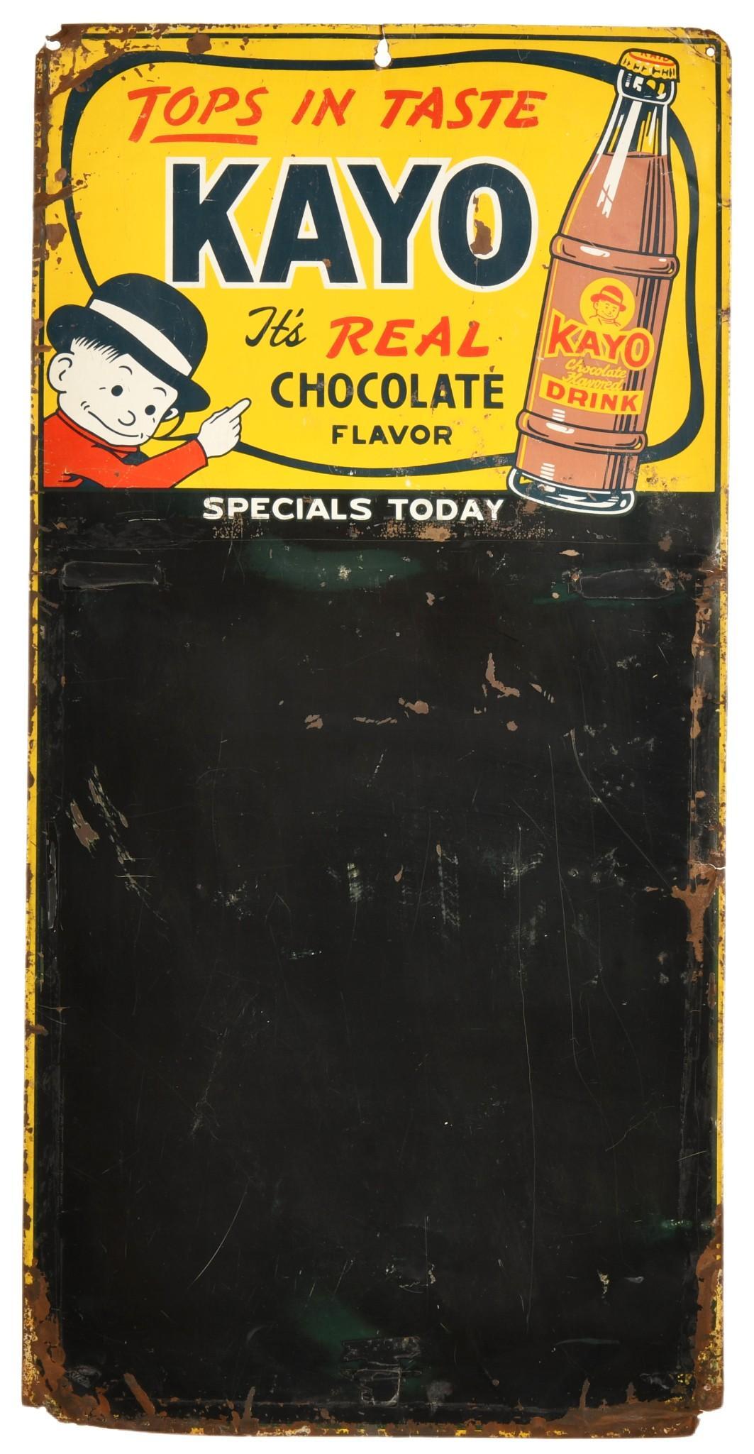 Kayo Specials Today Menu Board: SST, has average color and gloss, shows wear, discoloration, paint loss, bends/dents, and metal damage, 26.75"x13.25", rated 7.25+