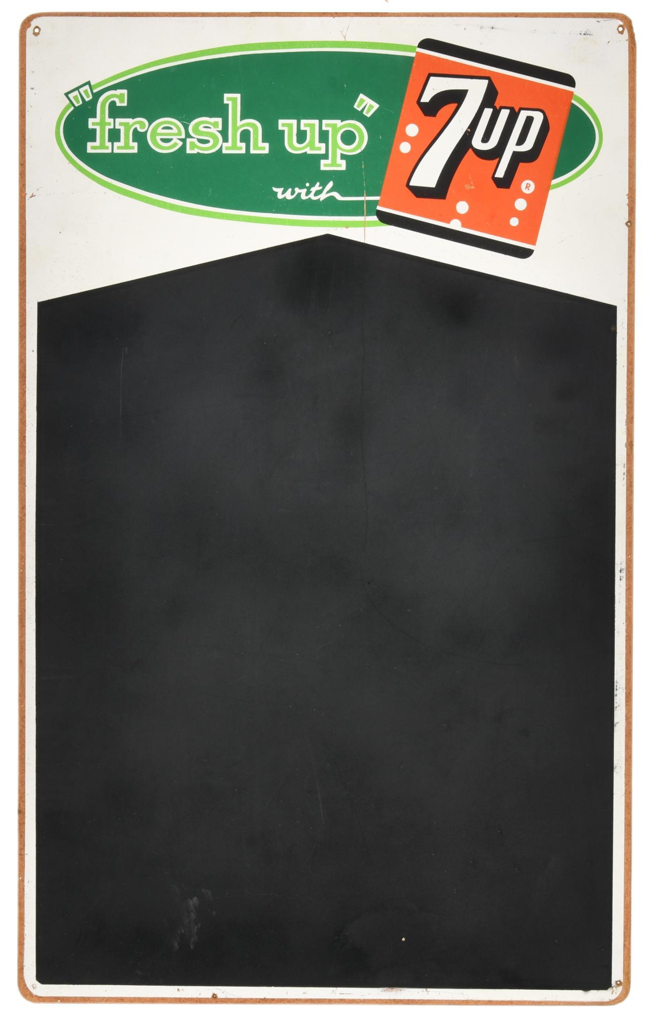 Fresh Up With 7 Up Sign Masonite Chalkboard Sign: SS masonite, has average color, shows wear, discoloration, added holes, paint loss, scratching, and some chipping on the edge of the masonite, 23.5"x14.5", rated 7.75