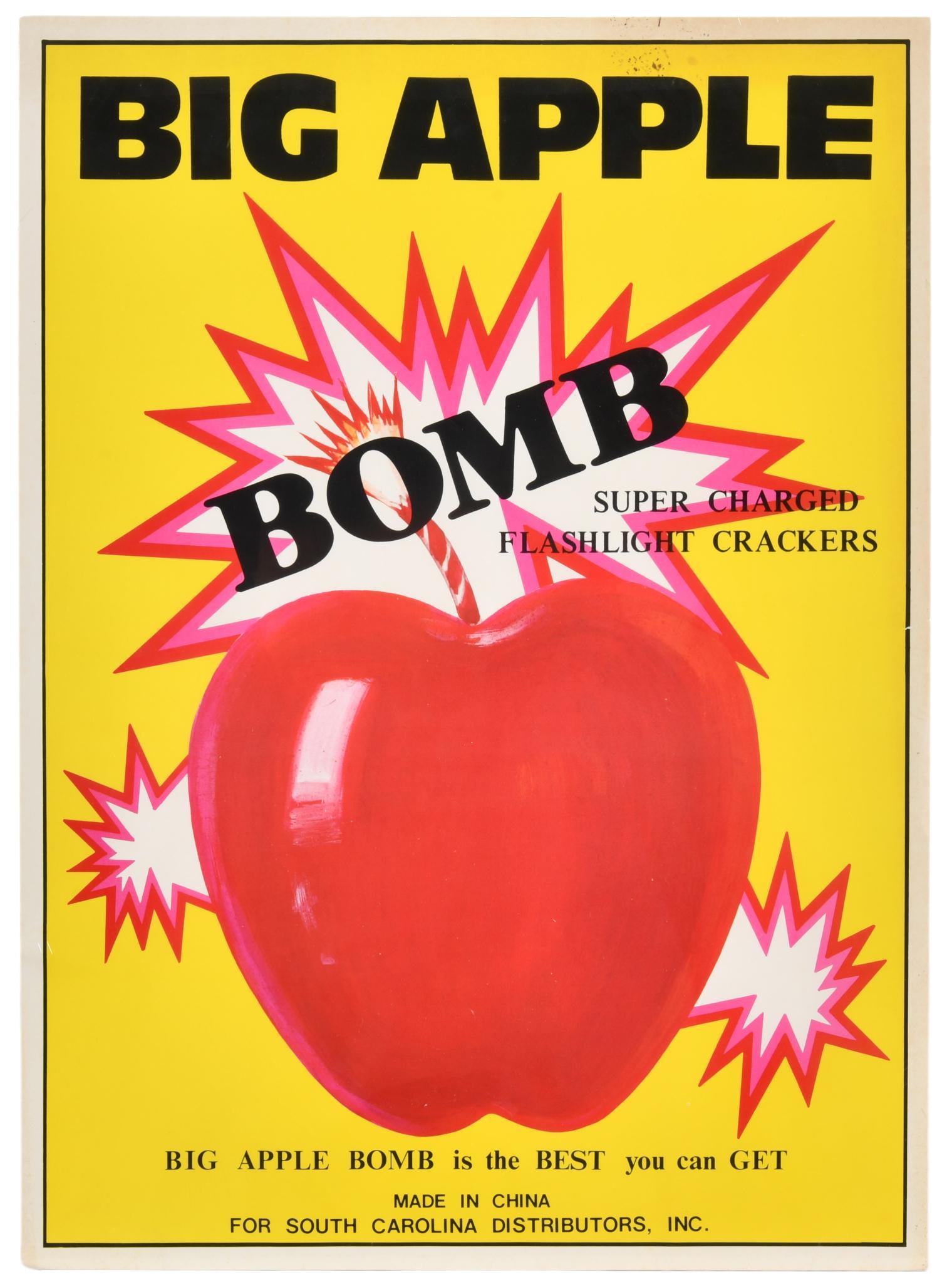 Big Apple Bomb Flashlight Crackers Advertisement: SS paper, mounted to foam board, has very good color and gloss, shows light wear, a few creases, one small tear on the right side, and an area of staining near the second "P" in Apple, displays except