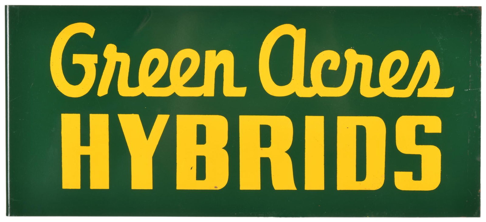 Green Acres Hybrids Flange Sign: DSTF, has good color and gloss, shows light wear and minor paint loss, displays well, 5"x11.25", rated 8.75+ & 8.5+