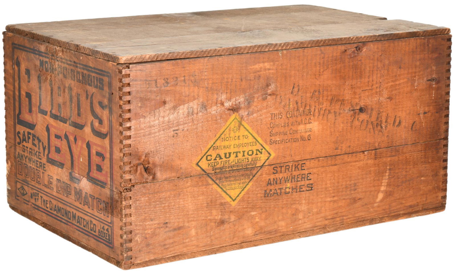 Bird's Eye Wooden Match Crate: Shows some wear, discoloration, paint loss, and minor damage, has the top, displays well, empty, 12"x15.75"x24", rated 7.5