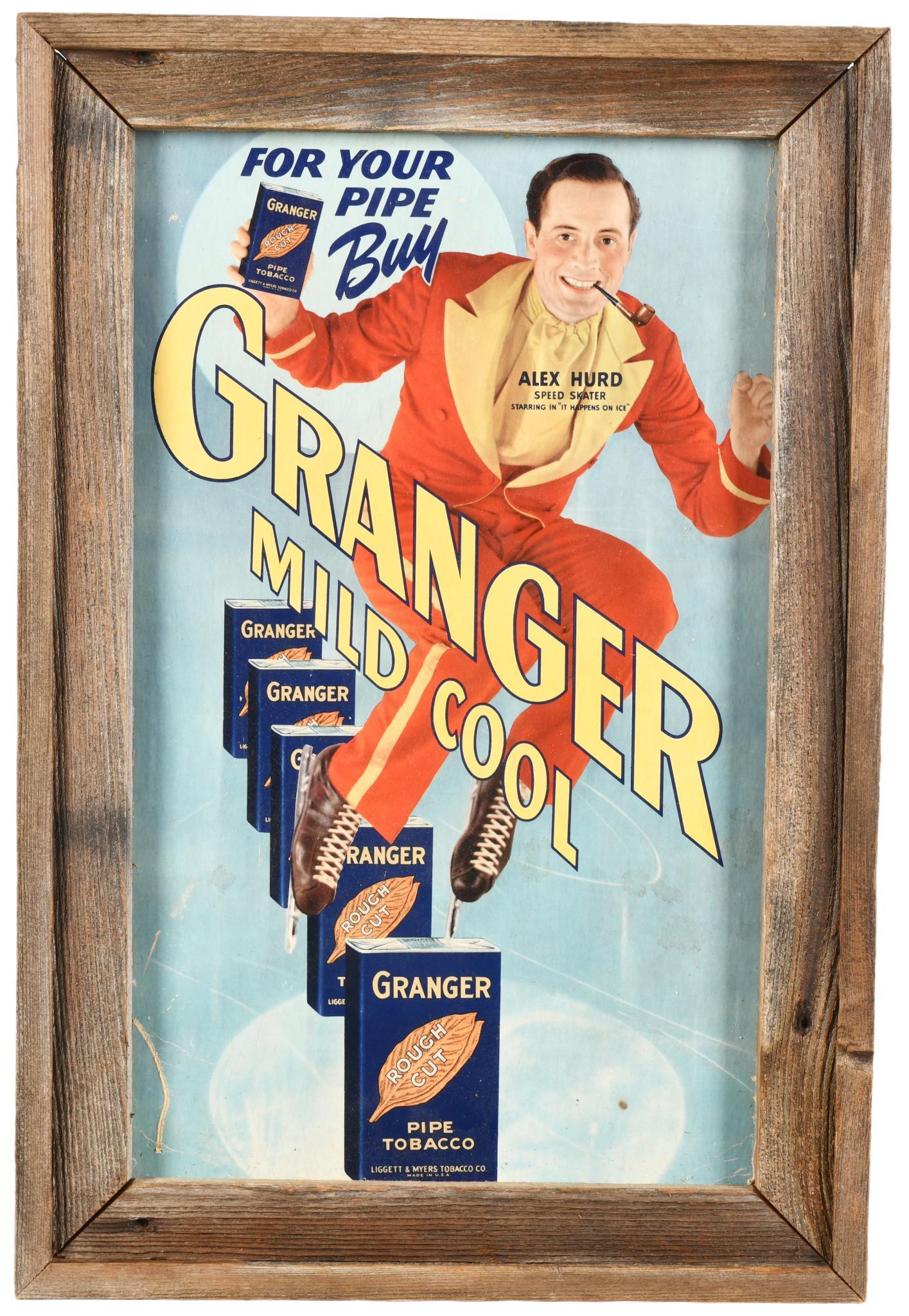 Granger Mild Cool Rough Cut Pipe Tobacco Sign: Cardboard, depicts speed skater Alex Hurd, has average to above average color, shows wear, scratching, discoloration, staining, and paint loss, mounted in an open wooden frame that shows wear and some