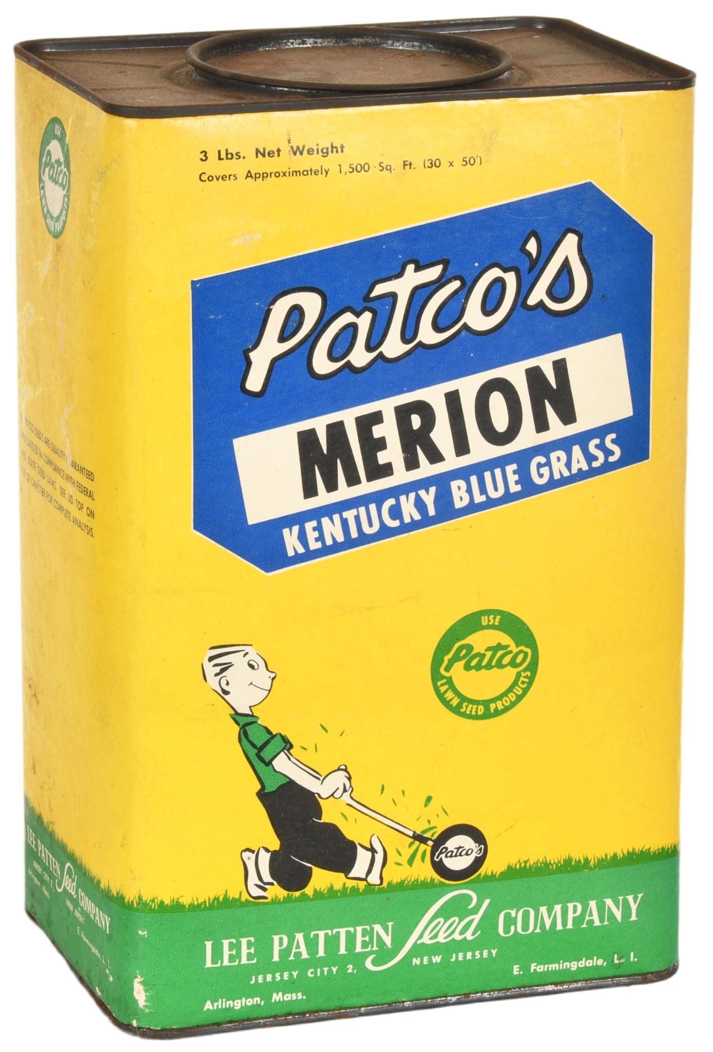 Patco's Kentucky Blue Grass Seed Container: Cardboard, has good color, shows light wear, discoloration, writing, and minor paper loss, displays well, 11.25"x7.25", rated 8.25+