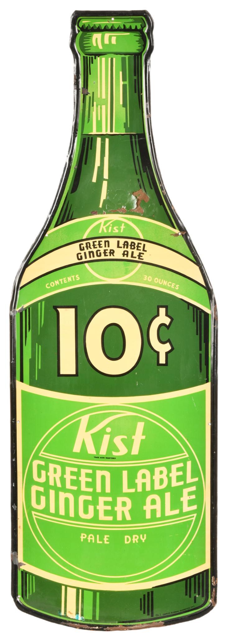 Kist Green Label Ginger Ale Diecut Bottle Sign: SSTE, has above average to average color and gloss, shows some wear, discoloration, and paint loss throughout, area of loose paint near the neck of the bottle, has a small area of touch up at the bott