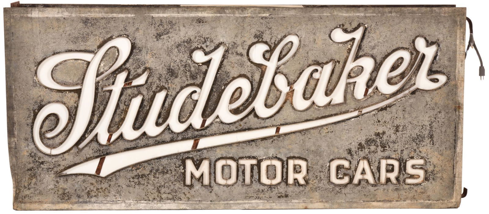 Very Early Studebaker Motor Cars Milk Glass Sign: Has an amazing original look, first generation style Studebaker logo which was used between 1902 and 1917, channel style letters with milk glass inserts behind them, sign in lighted from the inside an