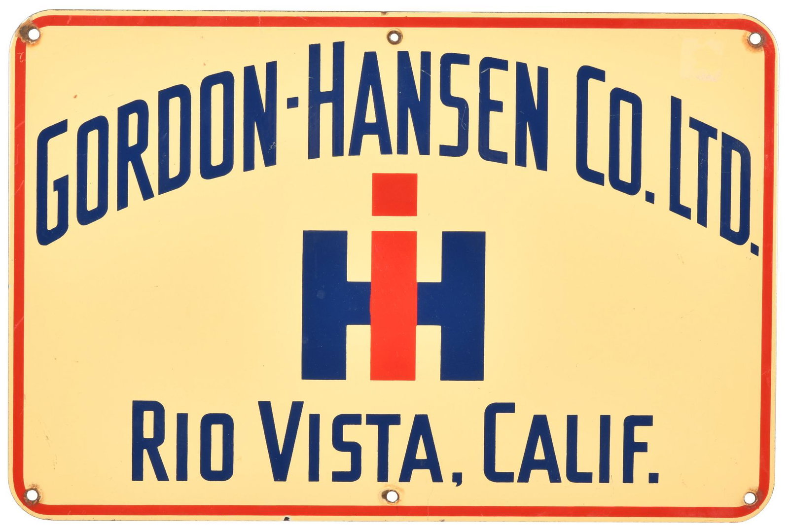 Gordon-Hansen Co. IH International Sign: SSP, has very good color and gloss, shows minor wear, a few small chips, and some discoloration at the mounting holes, displays very well, Rio Vista, Calif., 12"x18", rated 9+