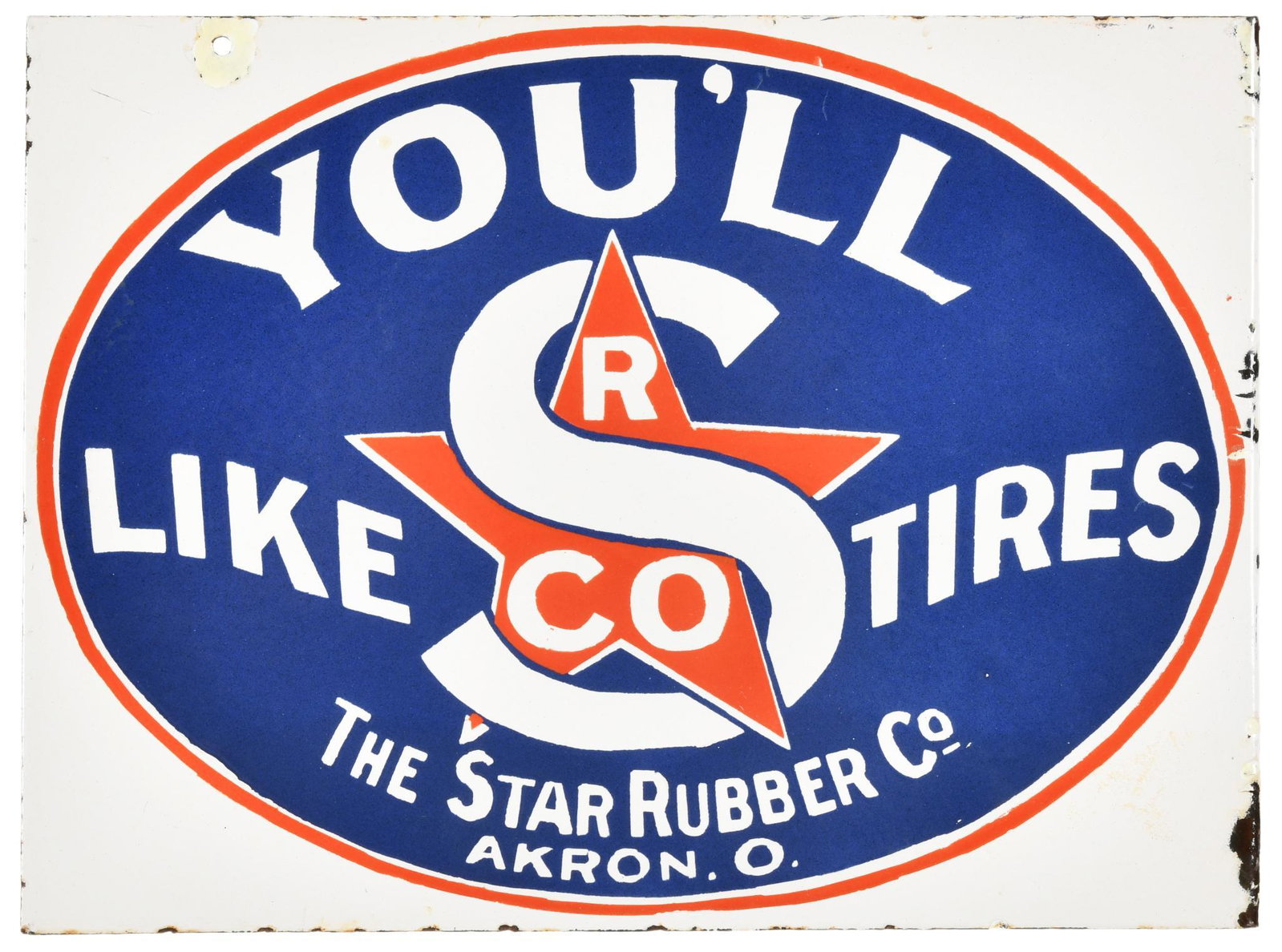 Star Rubber Co. Flange Sign: DSPF, has above average color and gloss, shows some wear, chipping, and has a few touch ups, age unknown, 11.5"x15.5", rated 8.75