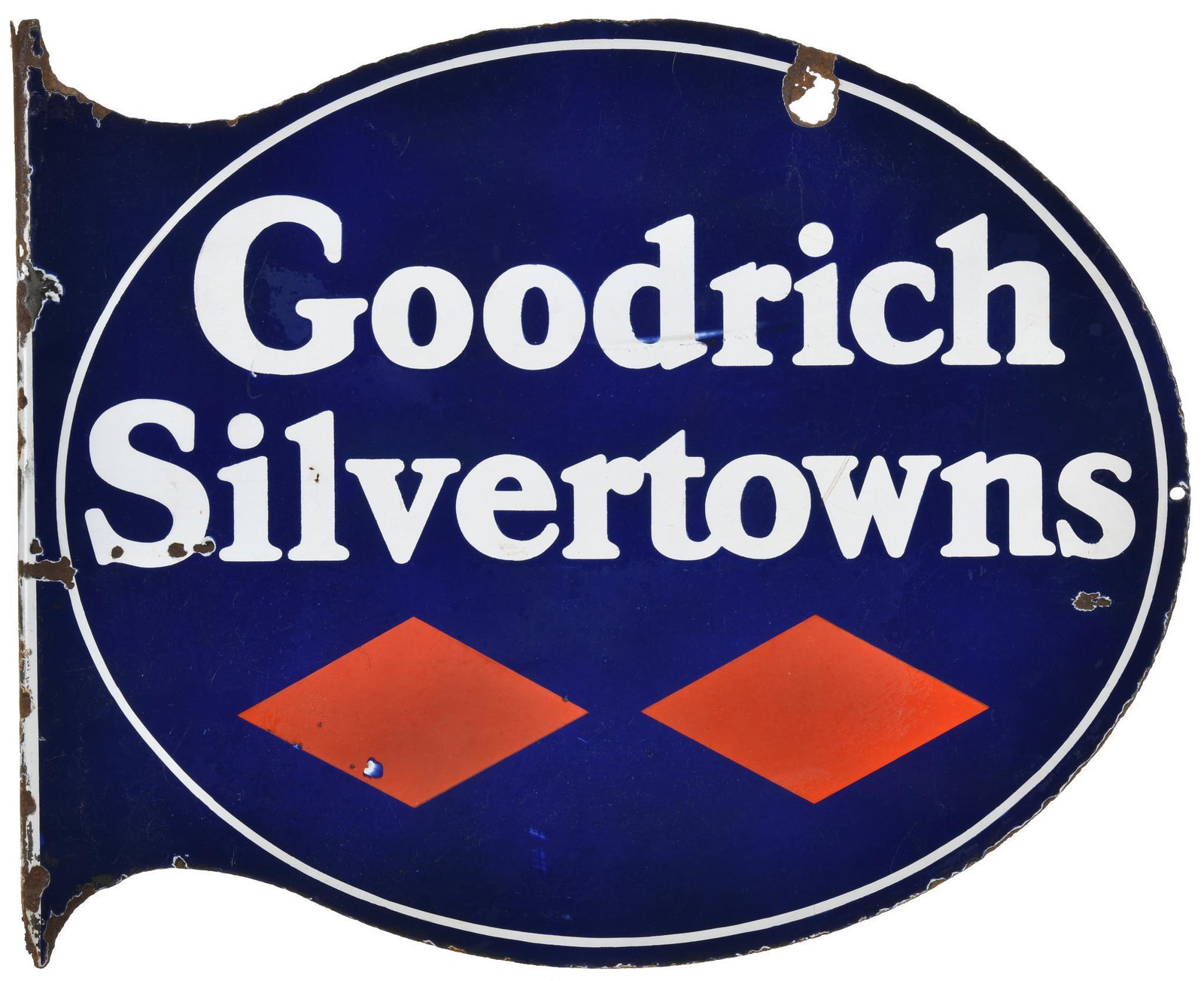 Goodrich Silvertowns Die Cut Flange Sign: DSPF, has good color and gloss, shows wear, discoloration, staining, scratching, chipping, and some areas of metal damage, displays well, 18.5"x23.25", rated 7.75 & 7.25