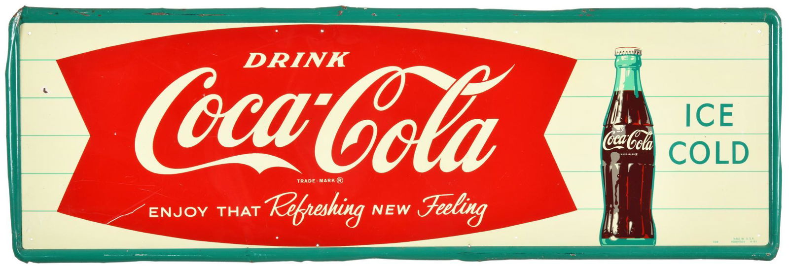 Coca-Cola Ice Cold Sign With Fishtail & Bottle: SST, has above average color and gloss, shows some wear, discoloration, paint loss, and bends/dents, marked Robertson, 17.5"x53.5", rated 7.75+