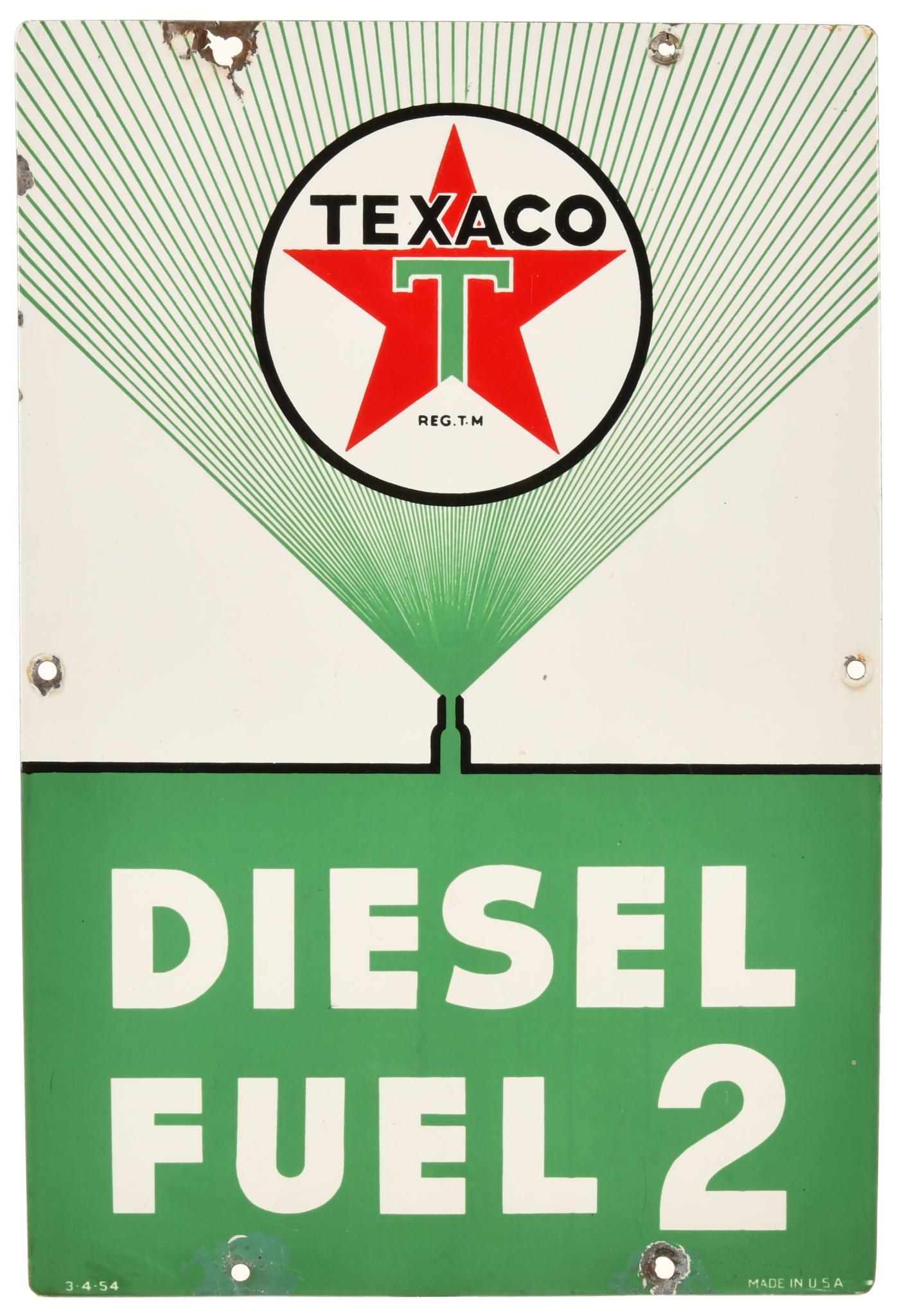 Texaco Diesel Fuel 2 Gas Pump Plate: SSP, has good color and gloss, shows some wear, chipping, metal damage at top left mounting hole, and touch up at lower left mounting hole, displays well, 18"x12", rated 8+