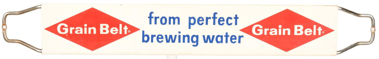 Grain Belt Brewing Door Push Sign: DST, has average color and gloss, shows some wear, discoloration, and paint loss throughout, displays well, marked Stout Sign Co., 4.25"x30.5", rated 7.75+