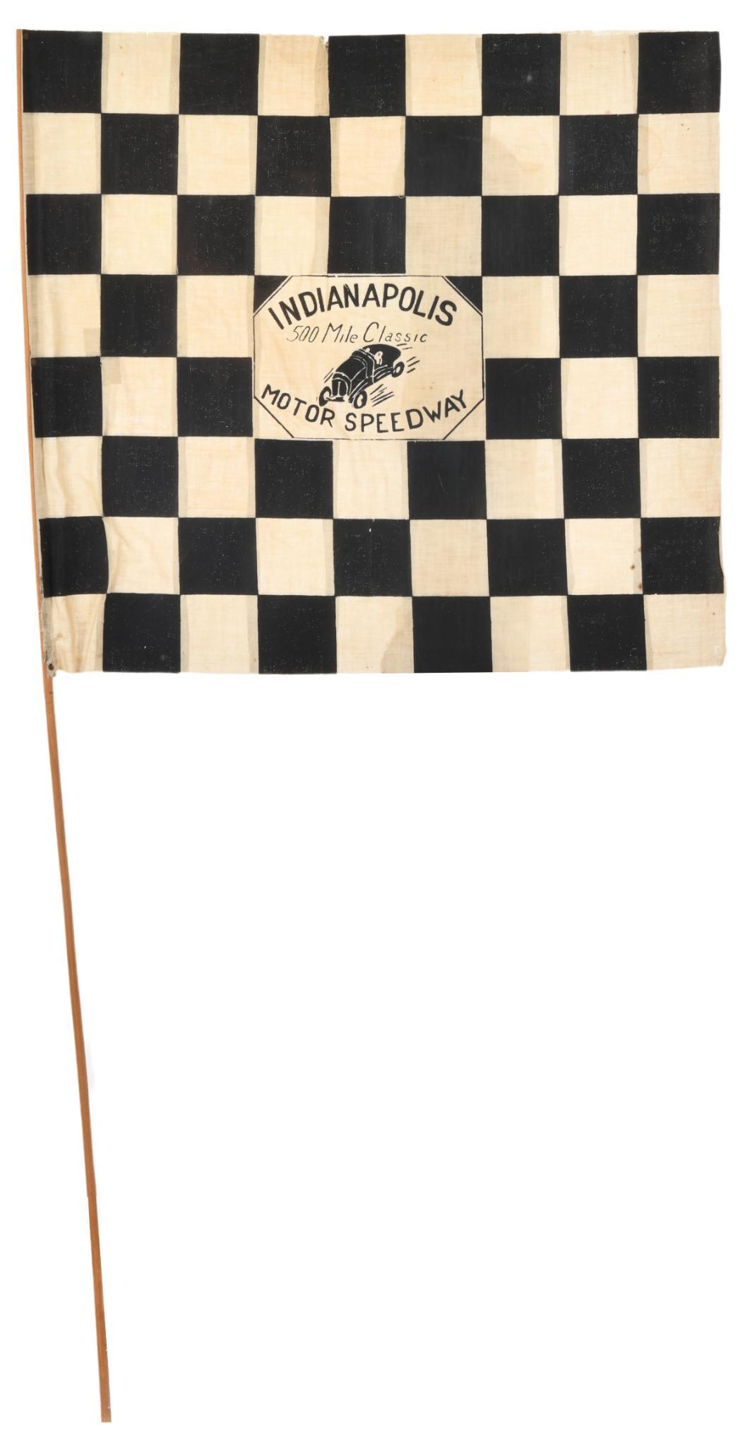 Vintage Indianapolis Motor Speedway 500 Mile Classic Flag: Rare, single sided, shows wear, fraying, discoloration, and staining throughout, displays exceptionally well with the early Indy Car graphic, in a protective plastic sleeve, great piece of local histo