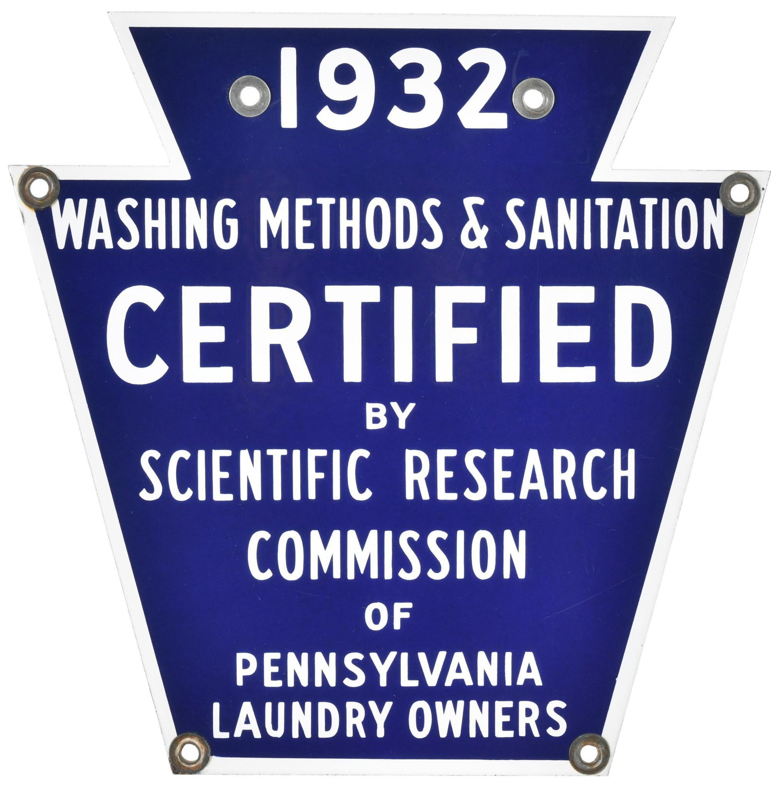 1932 Washing Methods and Sanitation Certified Sign: SSP, has good color and gloss, shows light wear and a few small chips, displays well, 12"x12", rated 9