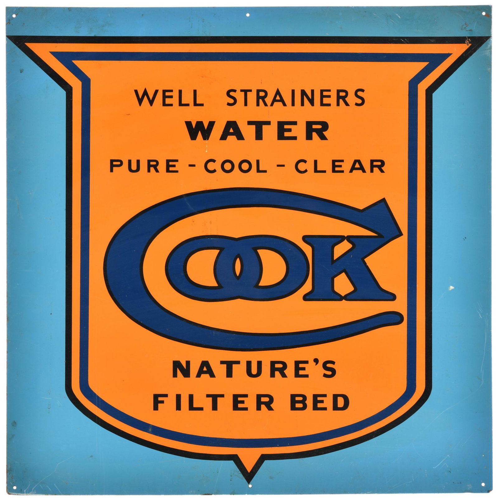 Cook Natures Filter Bed Sign: SST, has good color and gloss, shows some wear, discoloration, paint loss, and bends/dents, 20"x20", rated 8.25
