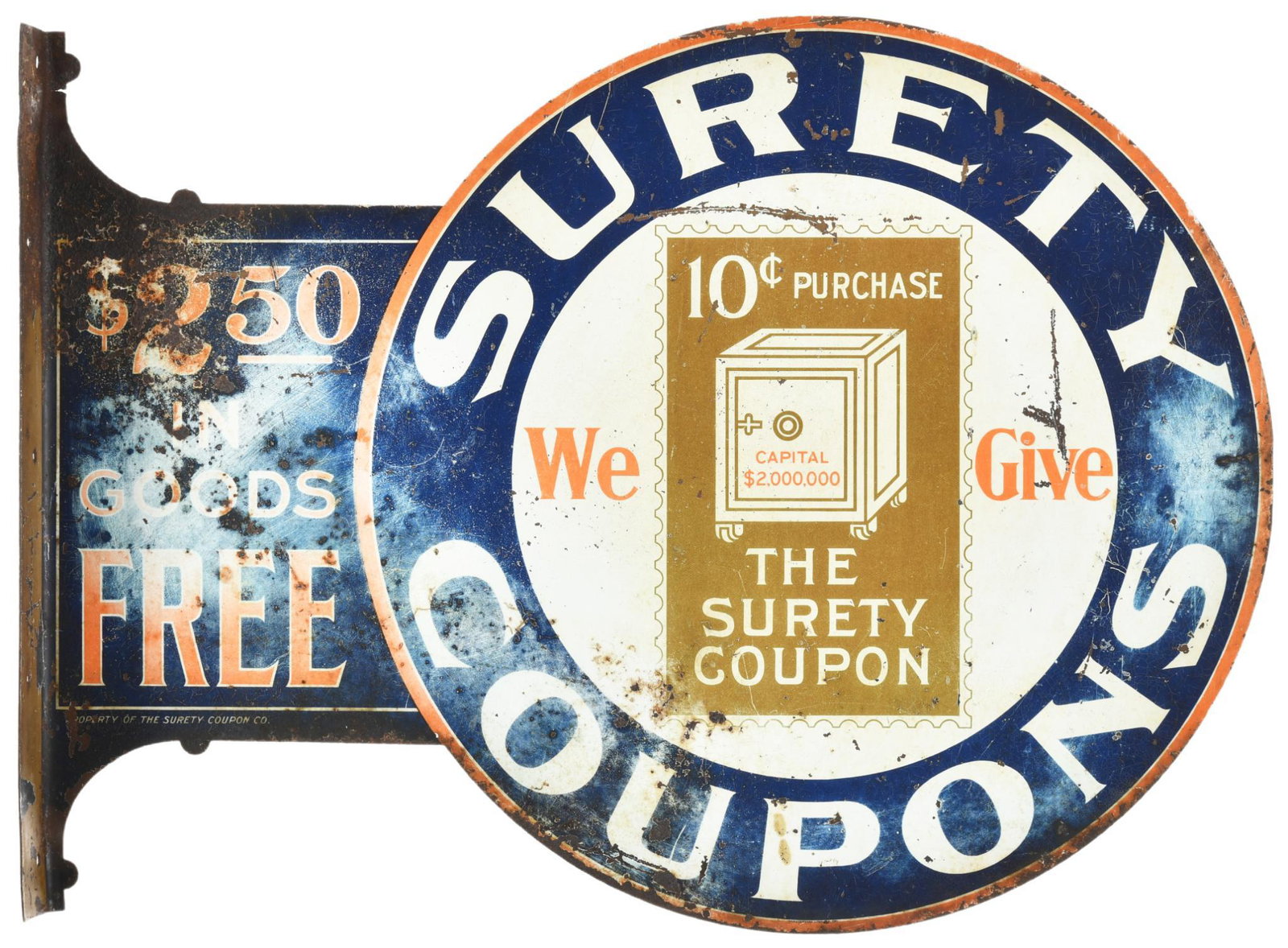 Surety Coupons Flange Sign: DSTF, has average-fair color and gloss, shows wear, discoloration, and paint loss throughout, marked property of the Surety Coupon Co., 13.5"x18.25", rated 7.5 & 7