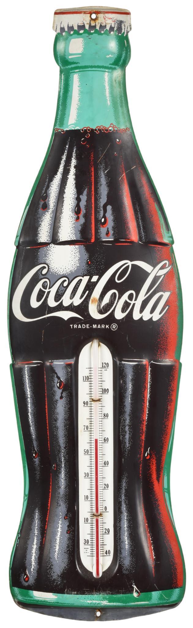 Coca-Cola Bottle Thermometer: SSTE, has above average color and gloss, shows some wear, discoloration, and paint loss, displays well, tube is good and it appears to be accurate, 29", rated 8+
