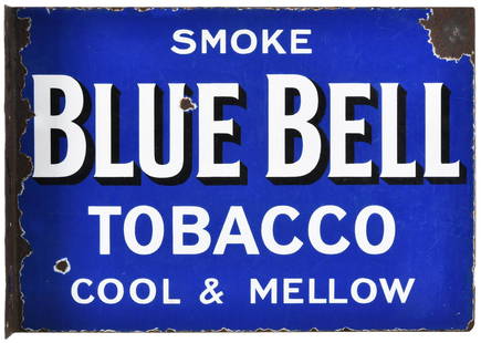 Smoke Blue Bell Tobacco Flange Sign: DSPF, has average color and gloss, shows wear, chipping, scratching, discoloration, and some minor metal damage along the edges, displays well, 14"x19.75", rated 7.5+