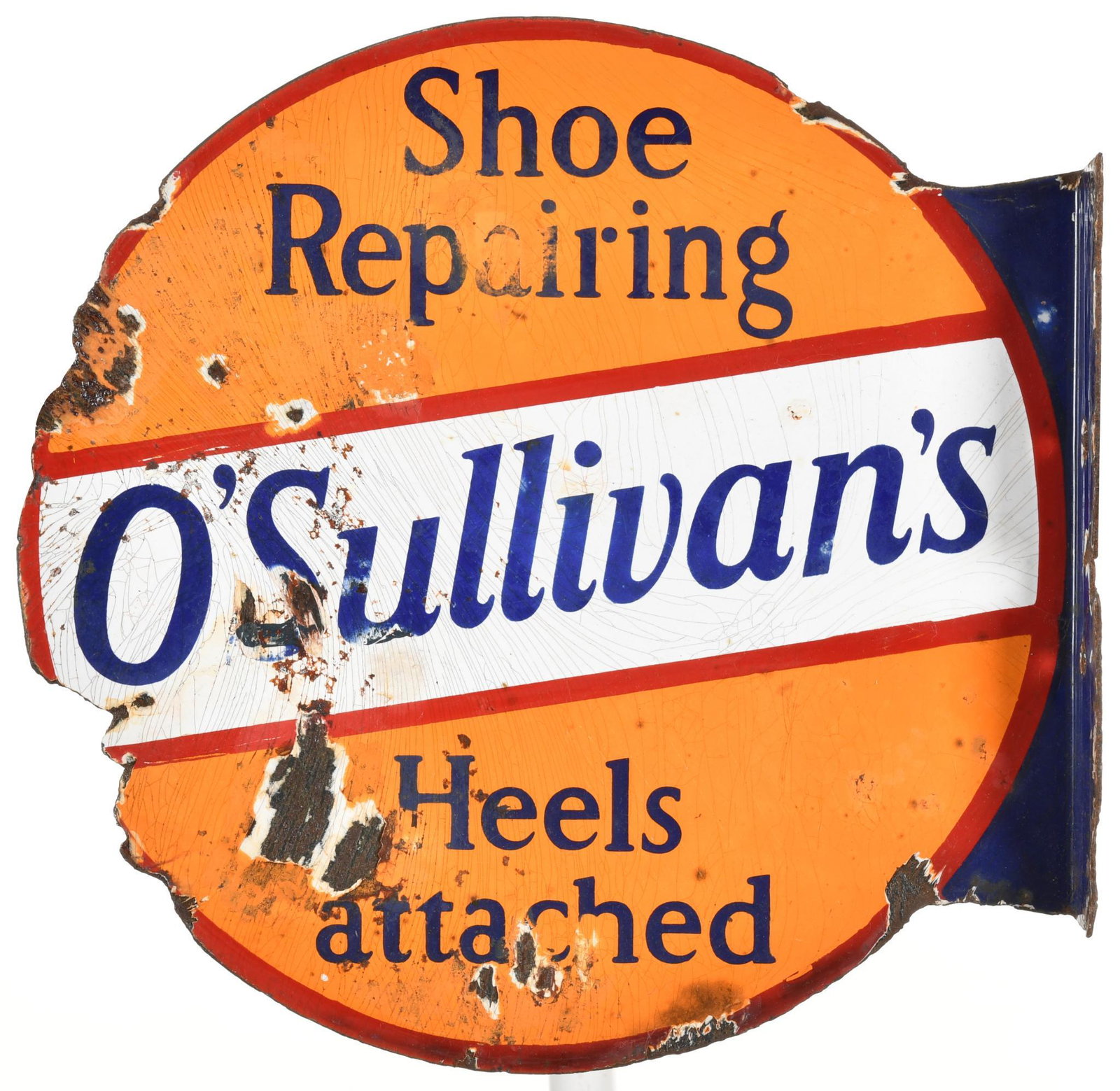 O'Sullivan's Shoe Repairing Flange Sign: DSPF, has average color and gloss, shows wear, discoloration, crazing, chipping, and metal damage, 14"x14.25", rated 7+ & 6.5