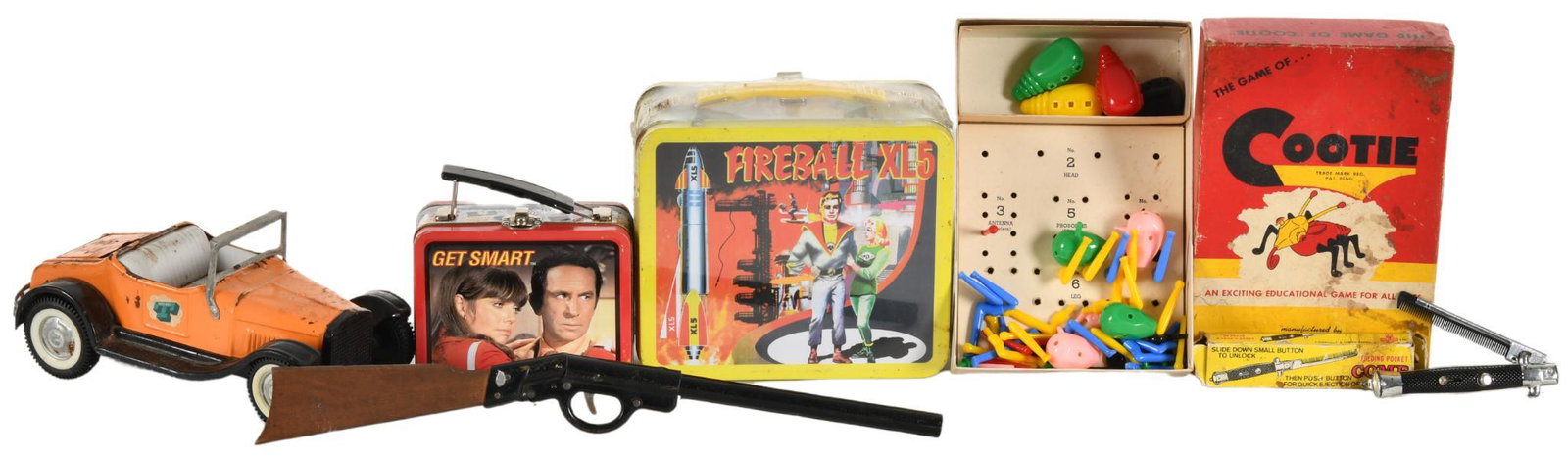 Lot of 6 Vintage Toys: Including 1 Fireball XL5 lunchbox, 1 Get Smart lunchbox, 1 vintage Cootie game, 1 switch blade pocket comb in original box, 1 metal cork gun, 1 Nylint model T car, all show wear, various conditions an