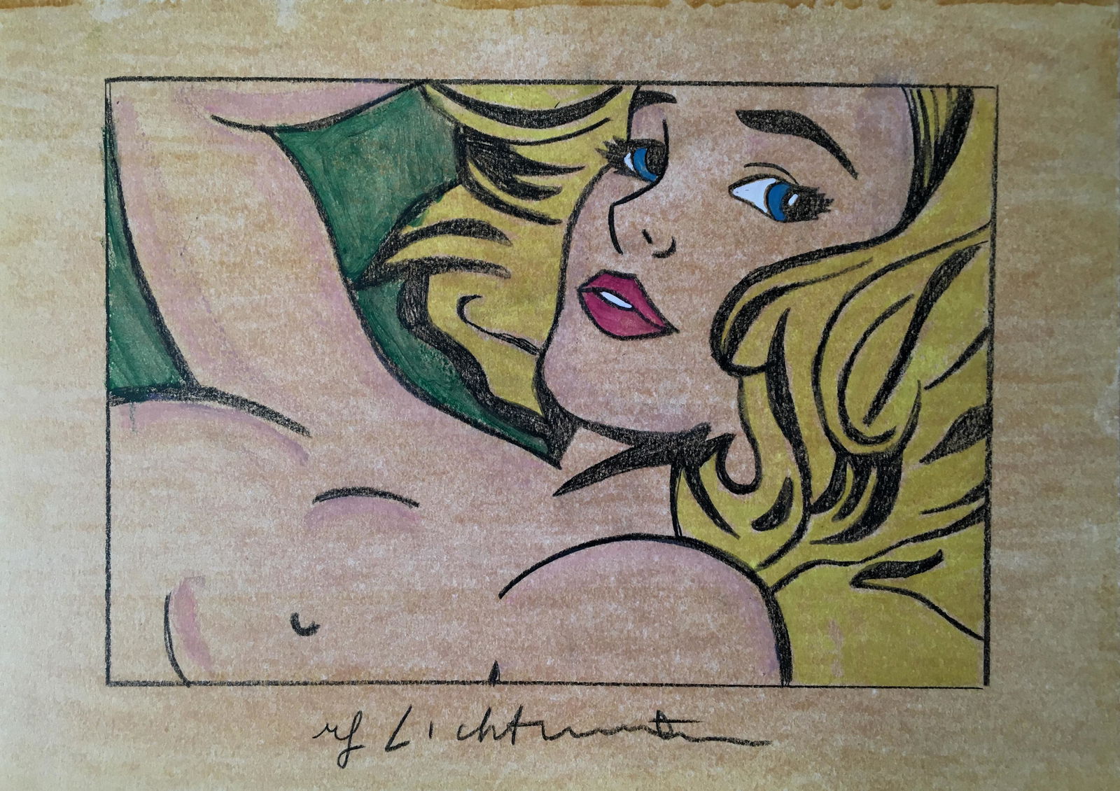 ROY LICHTENSTEIN DRAWING: In the manner of Roy Lichtenstein original drawing on paper. Unframed. Size: 29.5 x 21 cm. Roy Fox Lichtenstein (October 27, 1923 - September 29, 1997) was an American pop artist. During the 1960s, al