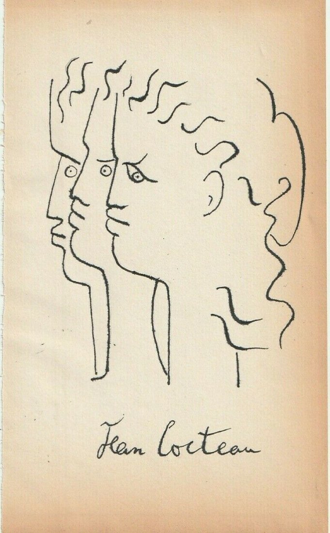 JEAN COCTEAU INK ON PAPER: Drawing in the manner of Jean Cocteau (born July 5, 1889, Maisons-Laffitte, near Paris, France - died October 11, 1963, Milly-la-Foret near Paris), French poet, librettist, novelist, actor, film direc