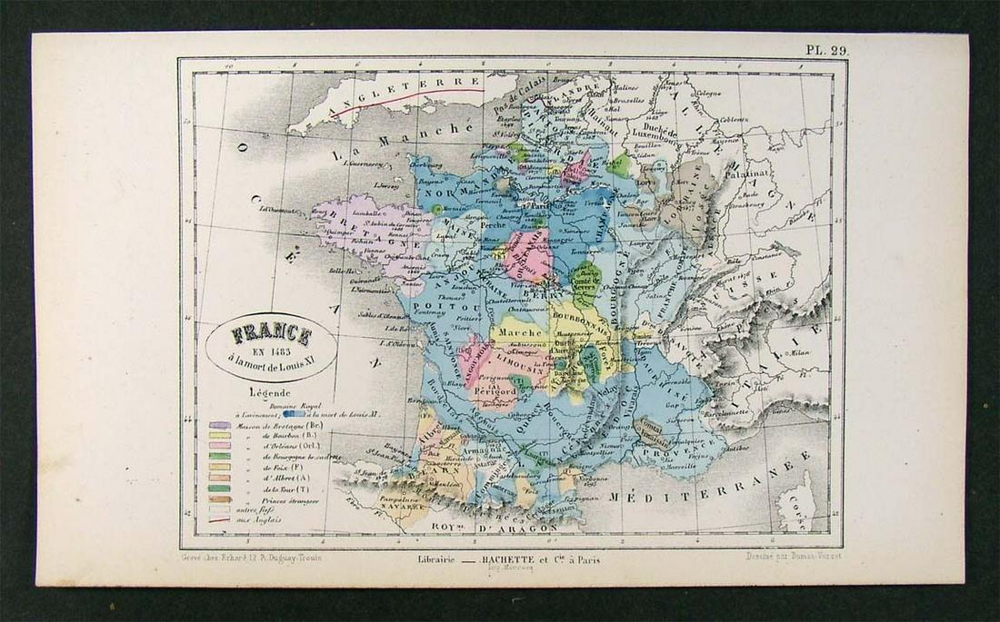 1872 Antique Map Historic France in 1483 Louis XI Paris (1 of 1)