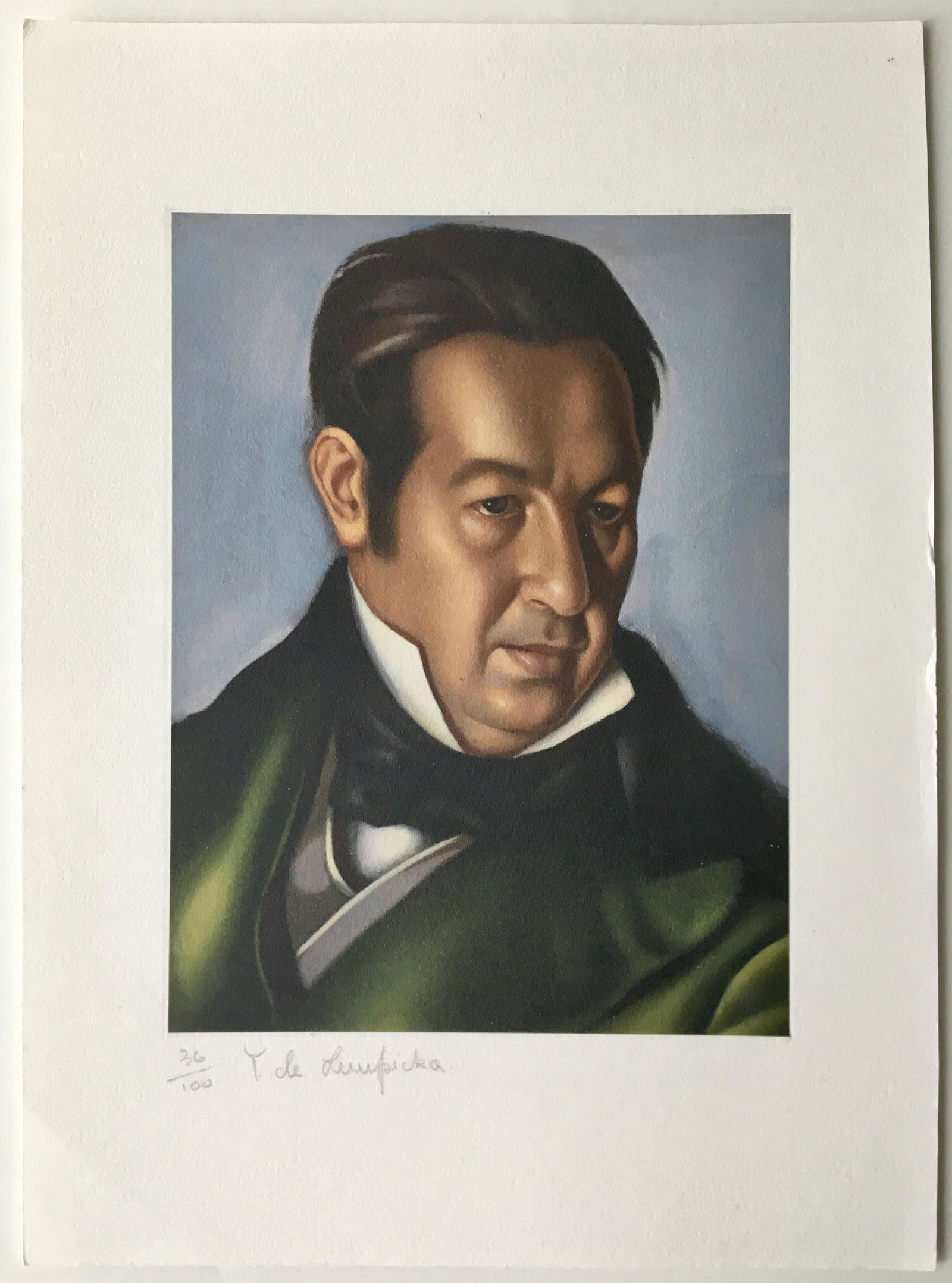 TAMARA DE LEMPICKA LITHOGRAPH: After Tamara de Lempicka lithograph on thick lithographic paper, T de Lempicka written in pencil lower left. Size: 8.5X11.5 inches approx. No Coa. Unframed. Tamara de Lempicka (16 May 1898-18 March 19