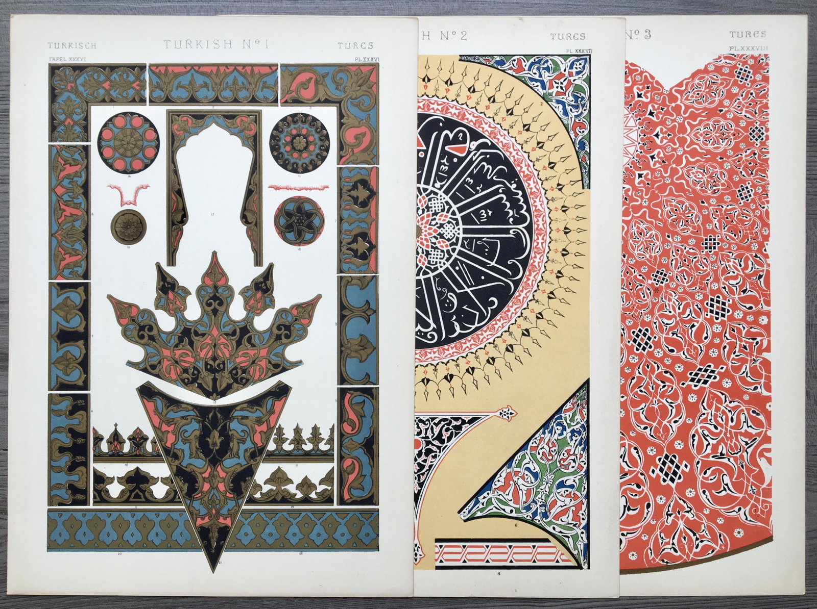 LOT OF 3 ANTIQUE CHROMOLITHOGRAPHS TURKISH DESIGN: Lot of 3 19 Century Chromolithographs. SIZE: 13 X 9 inches. Three of four edges with gold-gilding. Thick paper. Unframed.