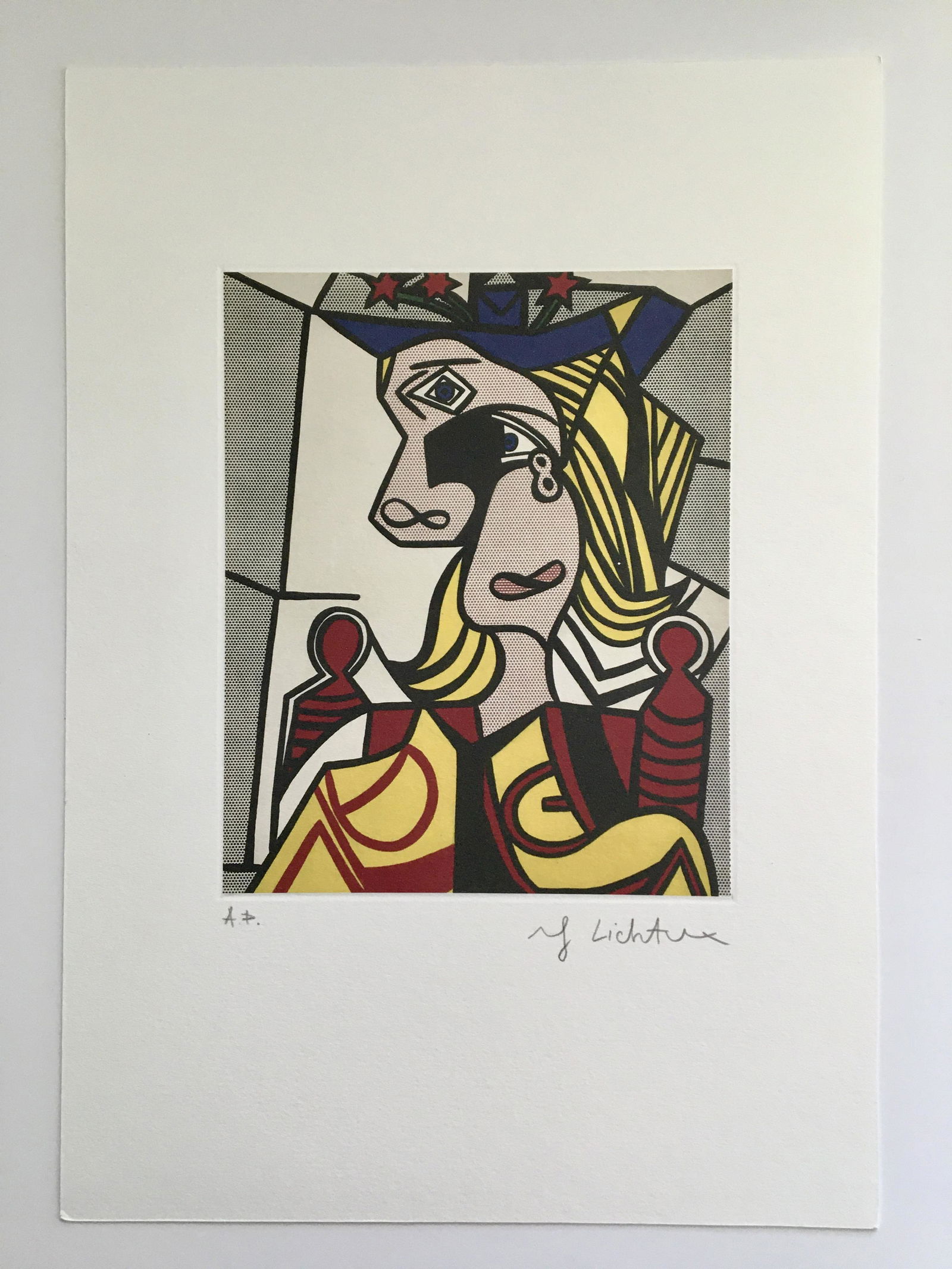 ROY LICHTENSTEIN LITHOGRAPH: In the style of Roy Lichtenstein lithograph on thick lithographic paper. Sheet Size: 21 X 30 CM. Image Size: 16.3 X 13.3 cm. Unframed. No Coa. Roy Fox Lichtenstein (October 27, 1923 - September 29, 19