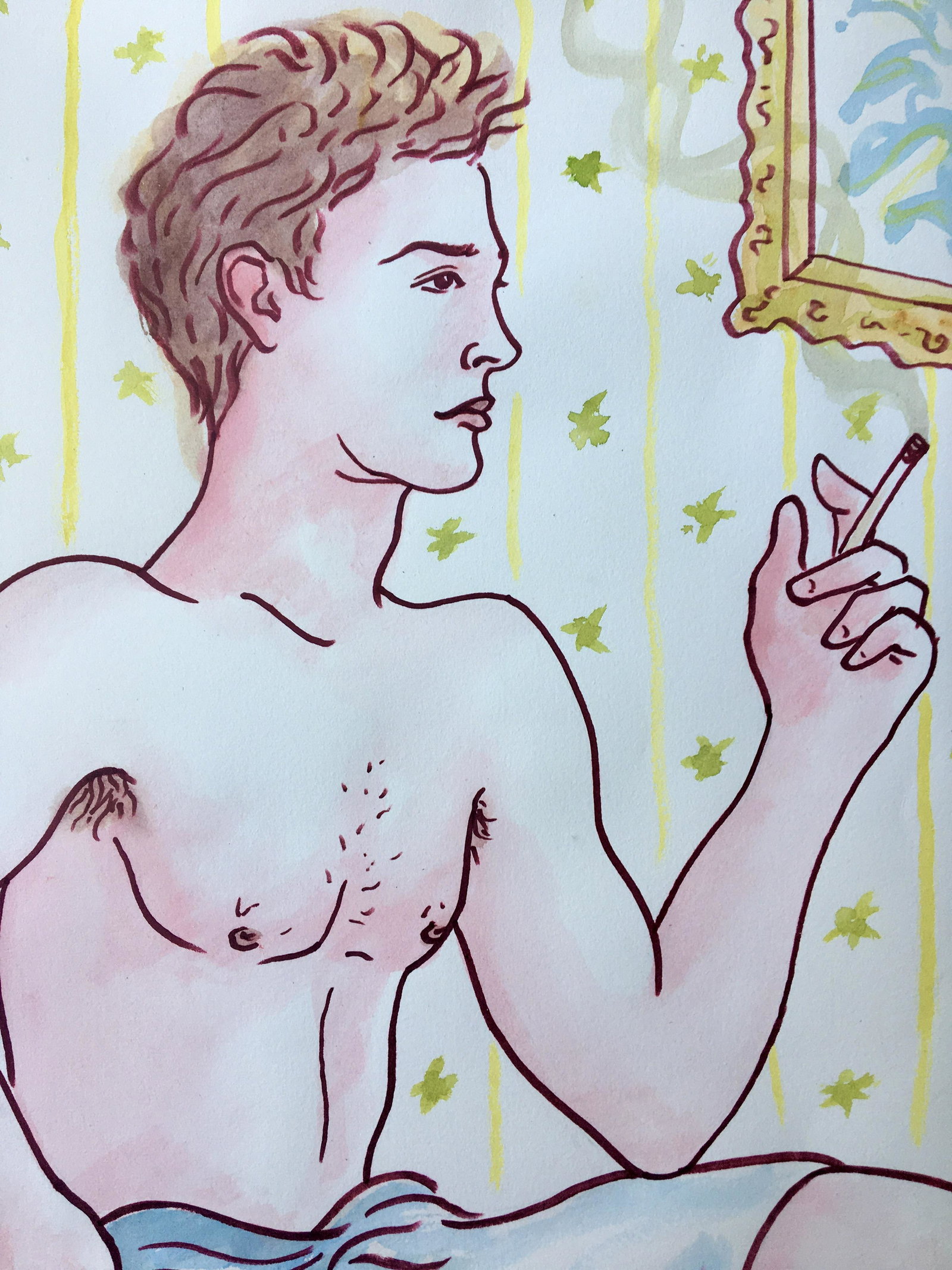 MID C MODERN PAINTING ON PAPER NUDE MALE COCTEAU: Large mixed media on paper nude male In the style of Jean Cocteau. Size: 30.5 X 21 inches. Unframed. Provenance: Private Collector Paris, France.