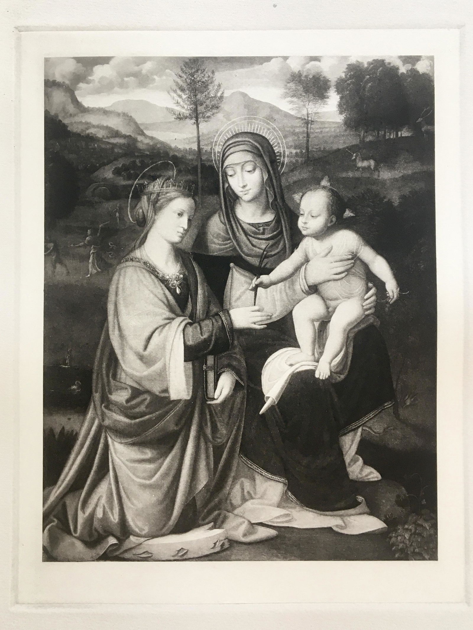 ETCHING AFTER BERNARDINO LUINI MADONNA AND CHILD: Rare Antique Etching after Old Italian Master Bernardino Luini. The Madonna and Child with St Catherine of Alexandria. Size: 14.5 X 11 inches approx. Etching is Unframed. Thick paper.