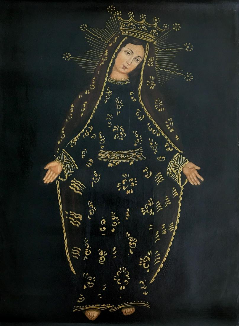 RELIGIOUS OIL ON CANVAS PAINTING VIRGIN: Religious Portrait of Mary. Unframed Oil on Canvas Painting. Size: 19 X 27 inches approx. The Cusco School is a Roman Catholic artistic tradition based in Cusco, Peru during the Colonial period from t