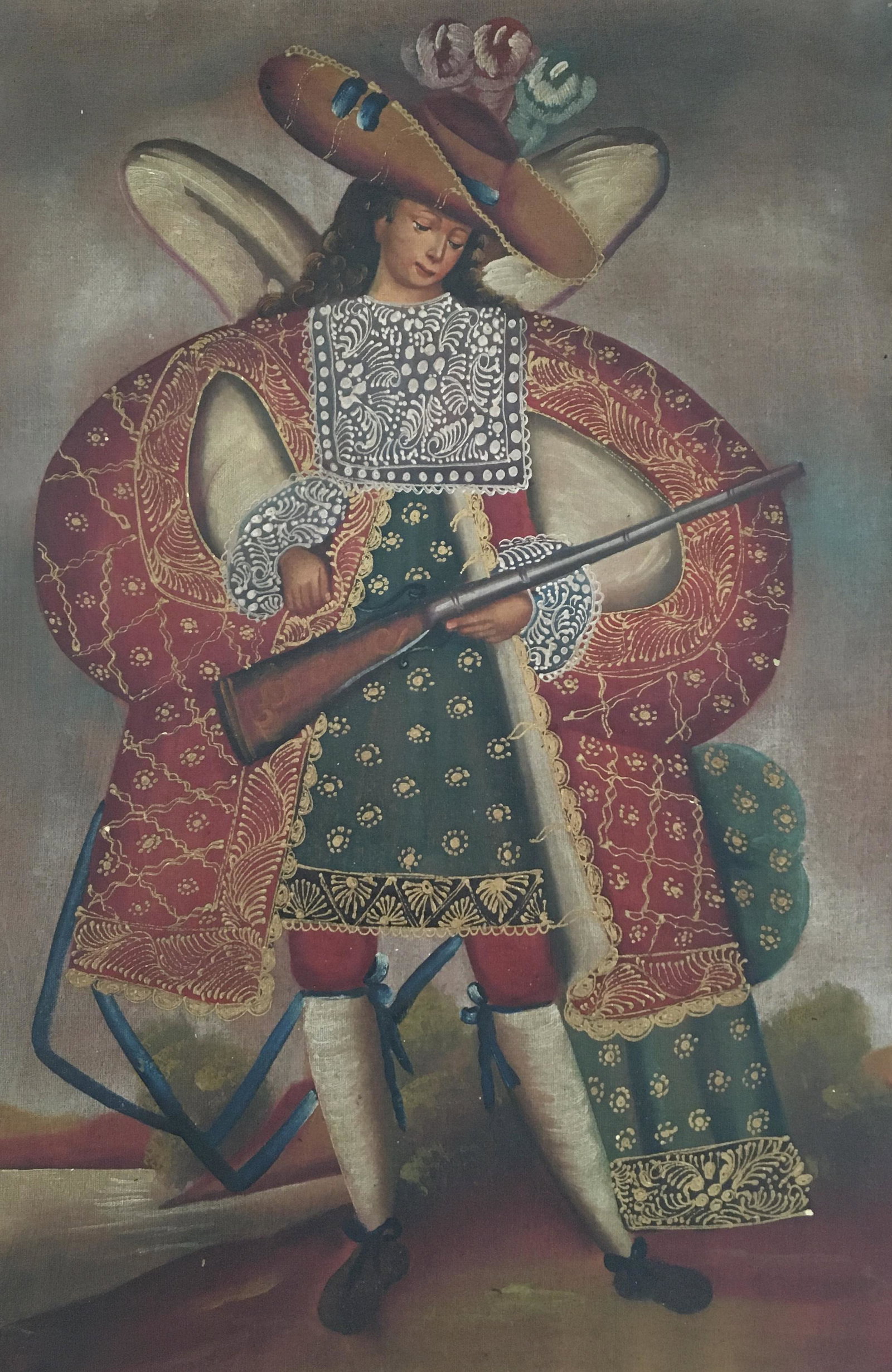 PERUVIAN CUSCO ARCHANGEL RELIGIOUS PAINTING: Peruvian Cusco religious painting on canvas. Size: 23 X 15 inches. Unframed. Canvas comes rolled. The Cusco School is a Roman Catholic artistic tradition based in Cusco, Peru during the Colonial perio