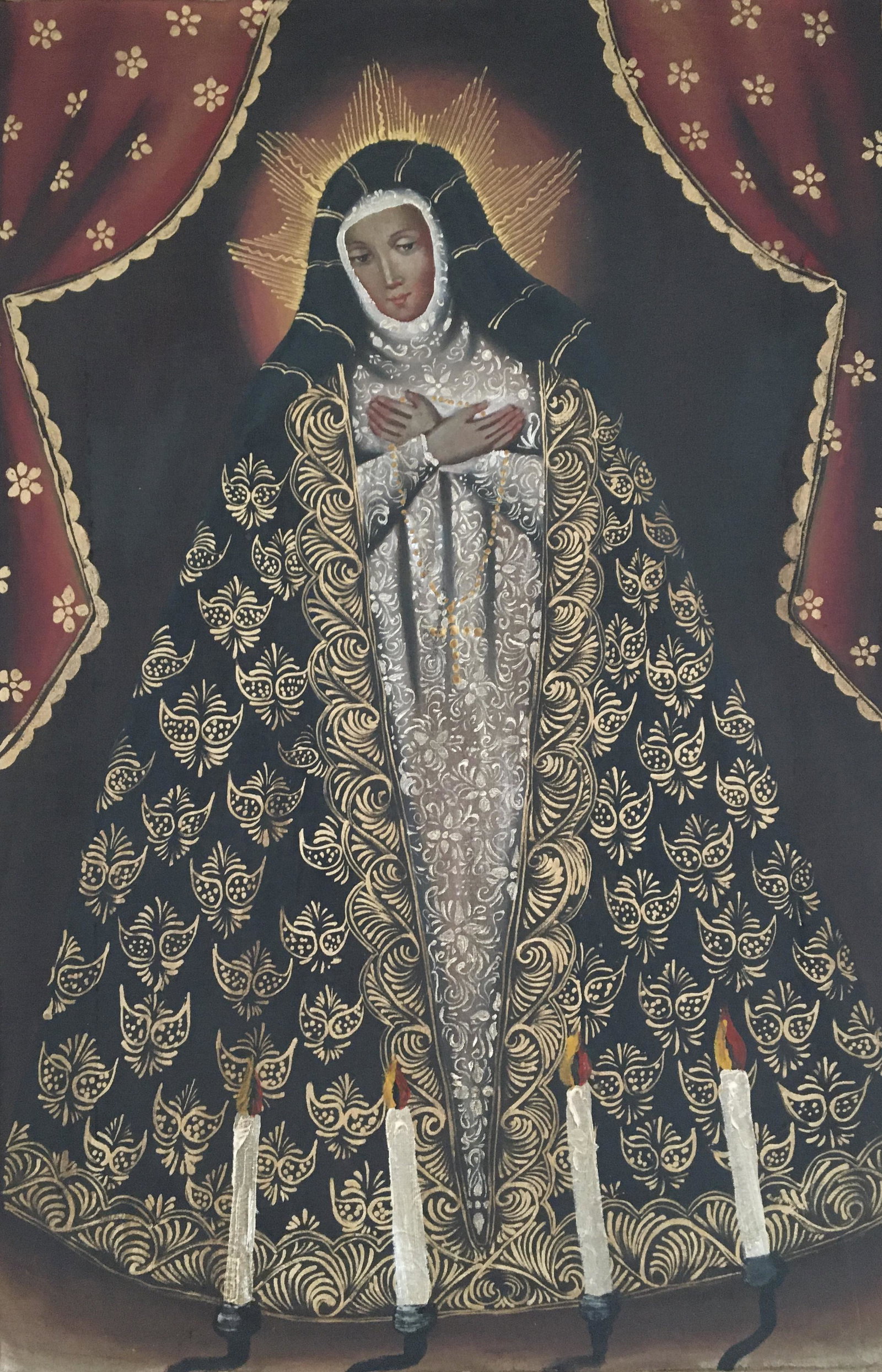 PERUVIAN CUSCO RELIGIOUS PAINTING PORTRAIT OF MARY: Peruvian Cusco religious painting on canvas. Size: 23 X 15 inches. Unframed. Canvas comes rolled. The Cusco School is a Roman Catholic artistic tradition based in Cusco, Peru during the Colonial perio