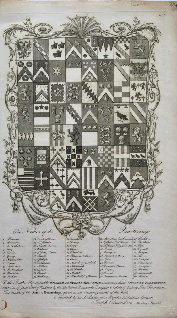 JOSEPH EDMONDSON COATS OF ARMS FOR VISCOUNT FOLKESTON: Joseph Edmondson Coats Of Arms Heraldry Engraving Circa 1765. To the Right Honourable WILLIAM PLEYDELL-BOUVERIE. Commonly called VISCOUNT FOLKESTONE. Sheet Size: 11 X 18 1/2 inches approx. Unframed.