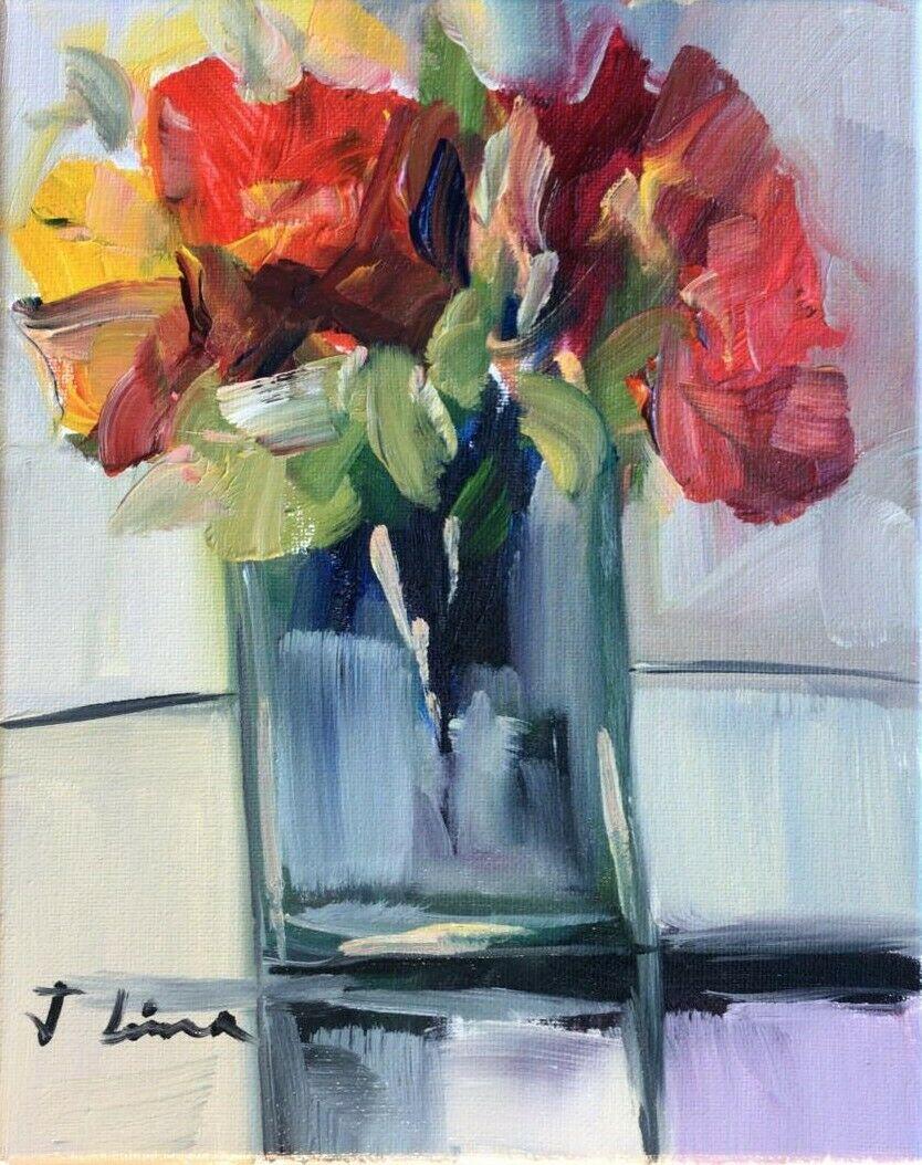 OIL PAINTING ON CANVAS FLOWERS VASE 8X10 inches (1 of 1)