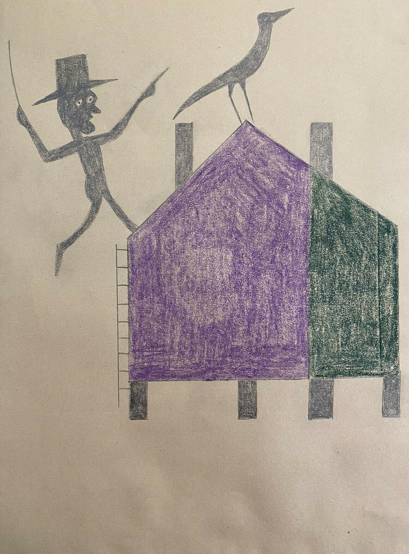 BILL TAYLOR OUTSIDER ARTIST DRAWING: In the manner of Bill Taylor drawing on paper envelope. Size: 23 X 32 CM. Unframed. Bill Traylor (American, 1853/54 - 1949). William Bill Traylor was an African-American self-taught artist from Lownde