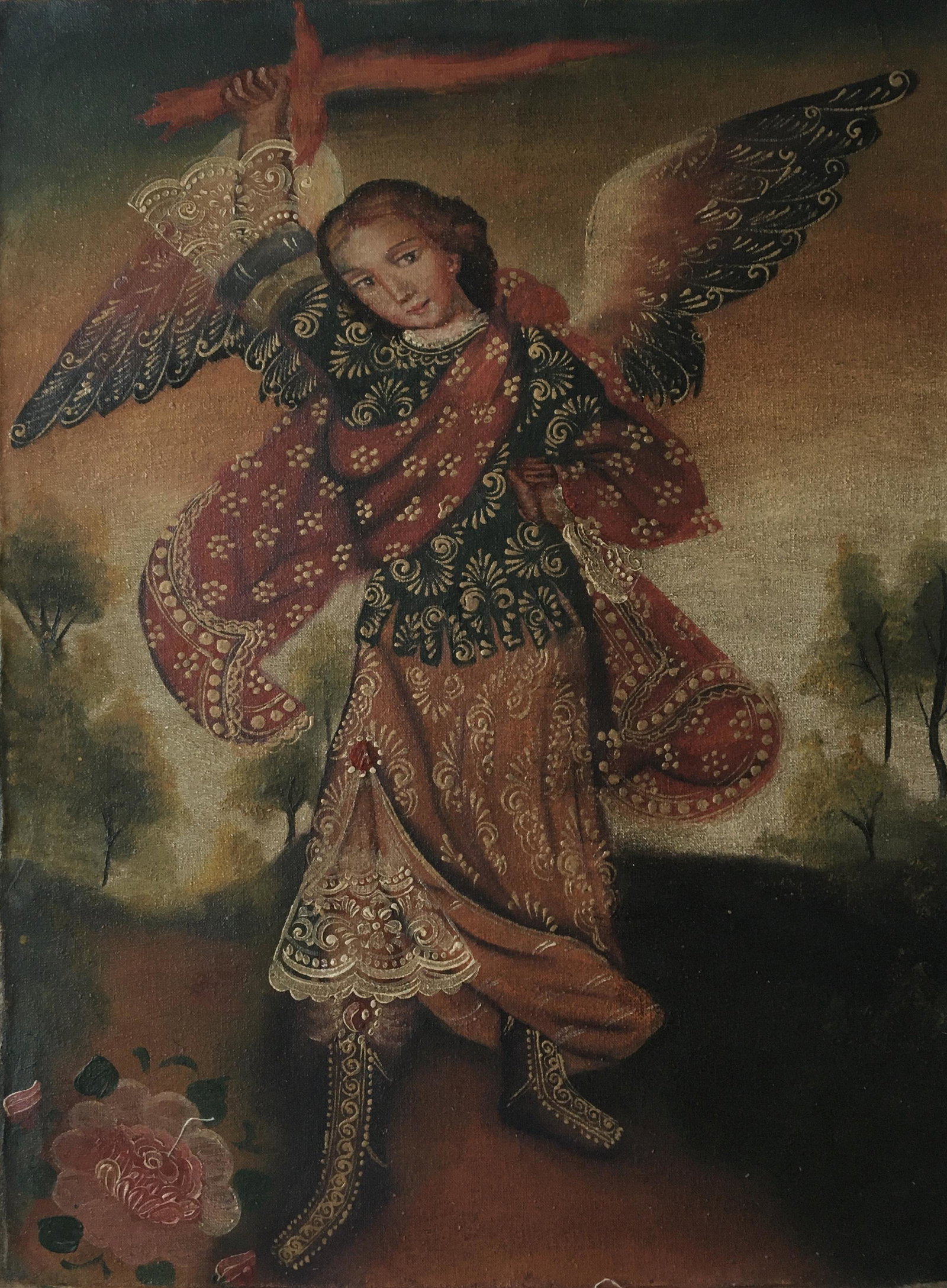 PERUVIAN CUSCO ANGEL RELIGIOUS PAINTING: Peruvian Cusco religious painting on canvas. Size: 11.5 X 15 inches approx. Unframed. Canvas comes rolled. The Cusco School is a Roman Catholic artistic tradition based in Cusco, Peru during the Colon