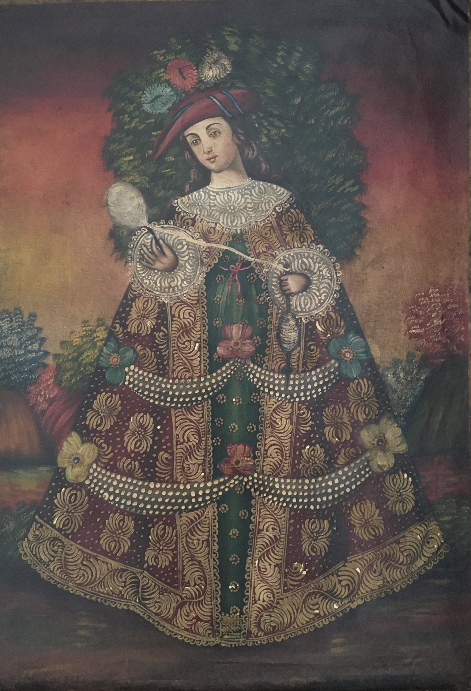 RELIGIOUS PERUVIAN CUSCO PAINTING: Peruvian Cusco religious painting on canvas. Size: 27 X 19 inches. Unframed. Canvas comes rolled. The Cusco School is a Roman Catholic artistic tradition based in Cusco, Peru during the Colonial perio